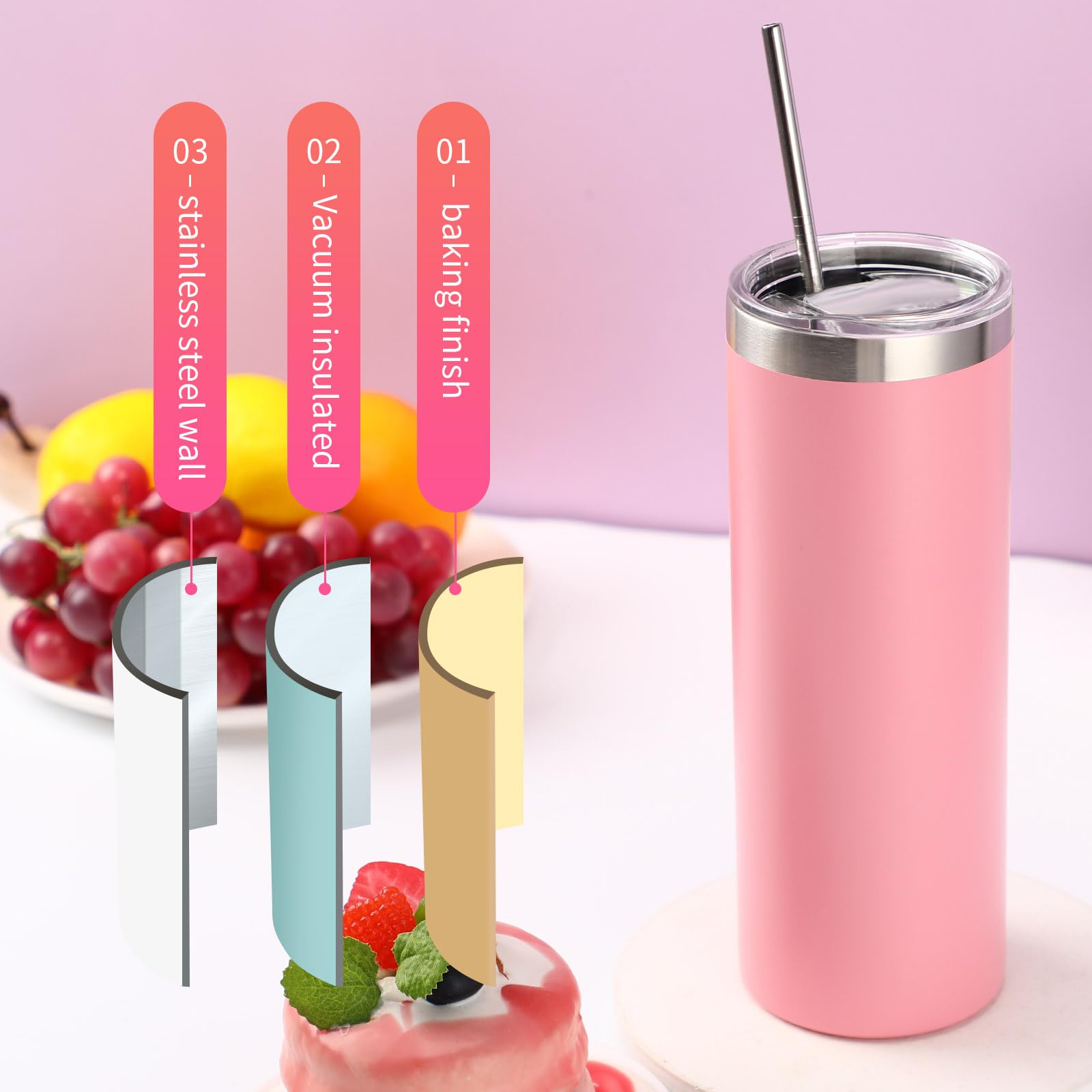 20 oz Skinny Tumbler Bulk - 8 Pack Stainless Steel Insulated Cups with Lids & Straws - Double Wall Vacuum Insulation for Hot/Cold Drinks - Travel, Office, Gym, DIY (Purple, White, Black, Pink)