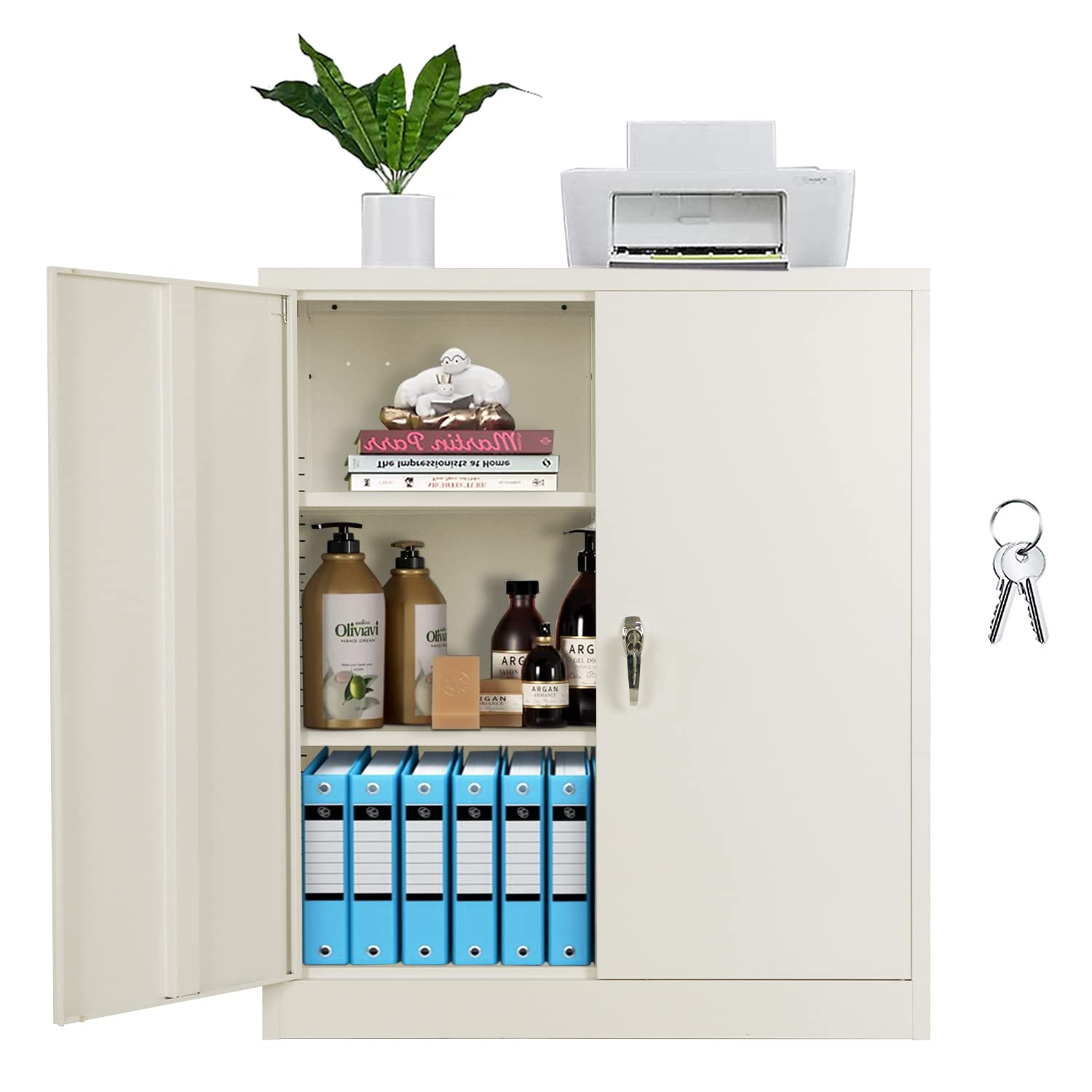 Lockable Steel Storage Cabinet with 2 Adjustable Shelves - Counter Height Metal Cabinet for Office, Garage & Home Organization (Light Gray) - Perfect for Storing Tools, Files & Supplies