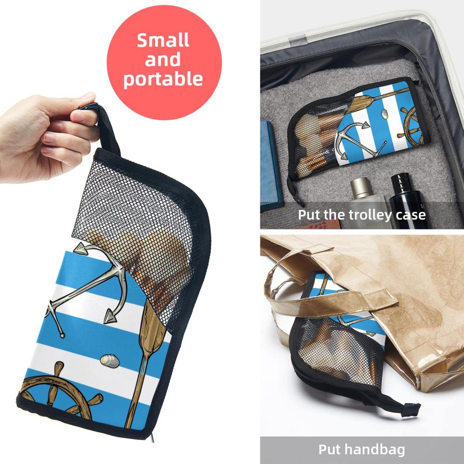 12-Piece Makeup Brush Organizer Bag with Marine Blue Striped Anchor Design - Portable Waterproof Cosmetic Brush Holder Case for Travel, Home & Professional Use
