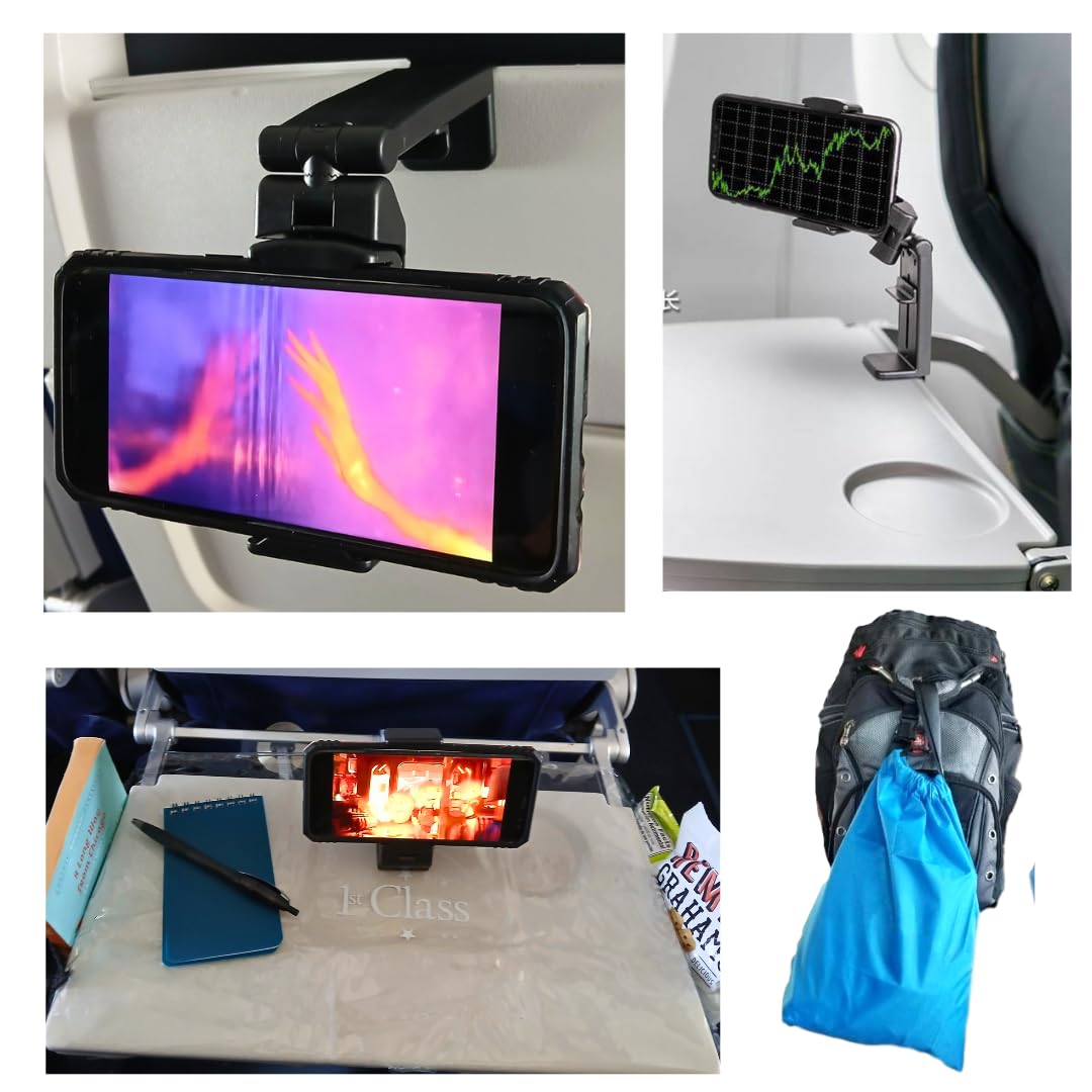 360° Rotating Universal Airplane Phone Holder with Tray Table Cover - 3-Piece Travel Accessory Set with Side Pockets & Clip-On Carry Bag | Perfect for In-Flight Entertainment & Business Travel Essentials
