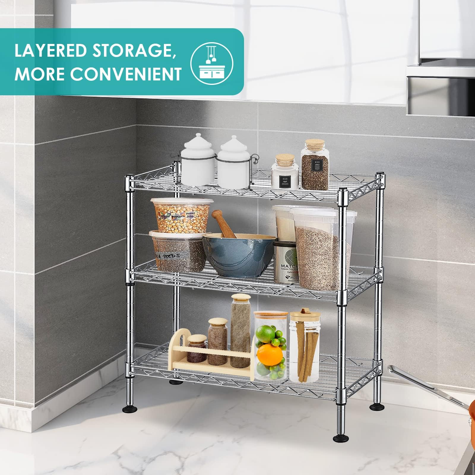 3-Tier Adjustable Metal Wire Shelf - Heavy Duty 200Lbs Capacity Storage Rack with Leveling Feet (8