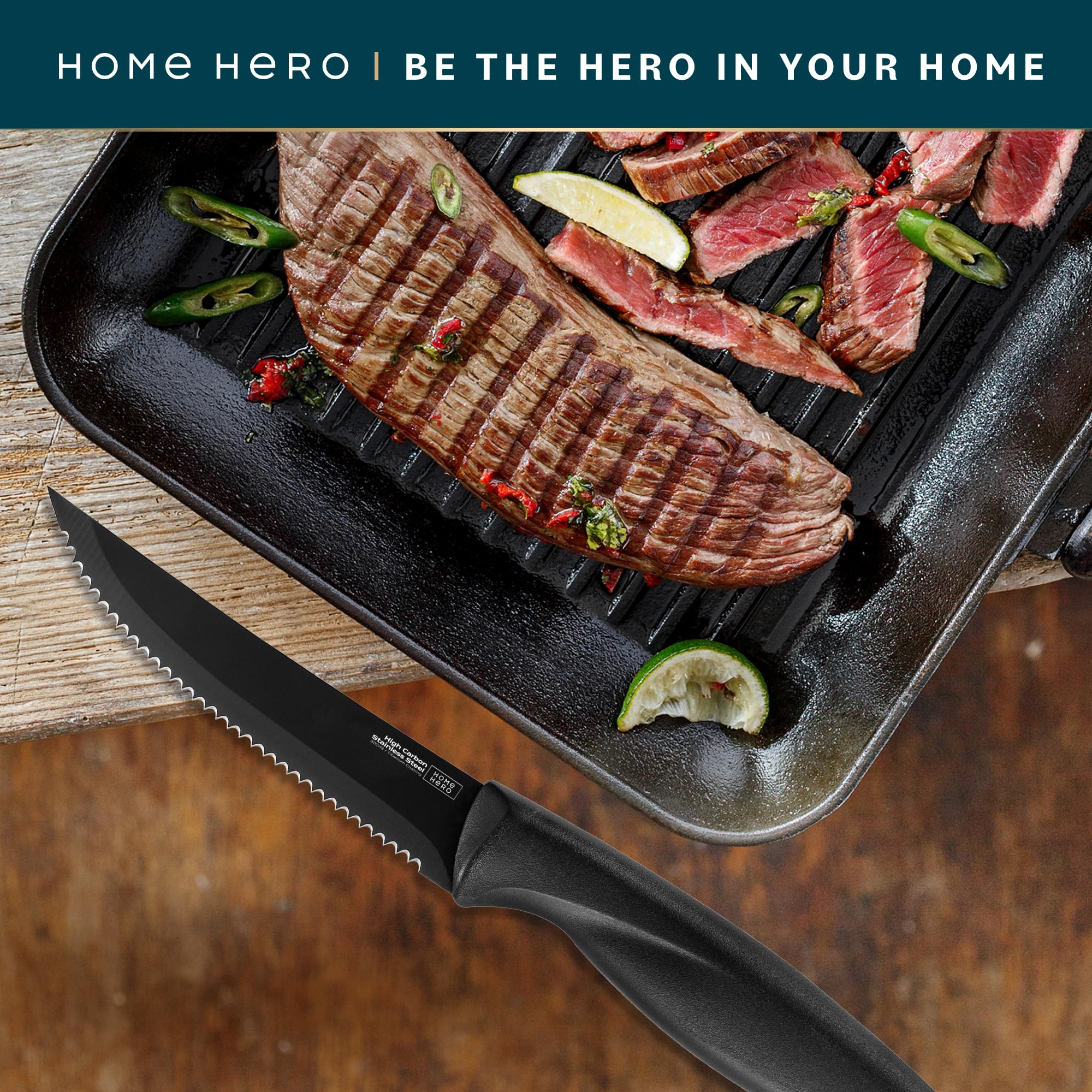 Premium Steak Knives Set - 6-Piece High-Carbon Stainless Steel Serrated Knives with Ergonomic Handles (Black) - Perfect for Steak Dinners, BBQs, and Fine Dining at Home