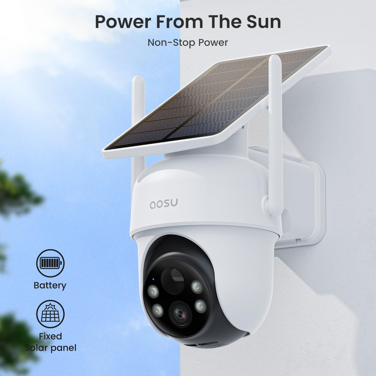 AOSU Solar-Powered Home Security Camera Add-On - Compatible with AOSU HomeBase (Not Standalone), Supports 4 Cameras Simultaneously | Outdoor Surveillance, Night Vision, Weatherproof for Home & Business Protection