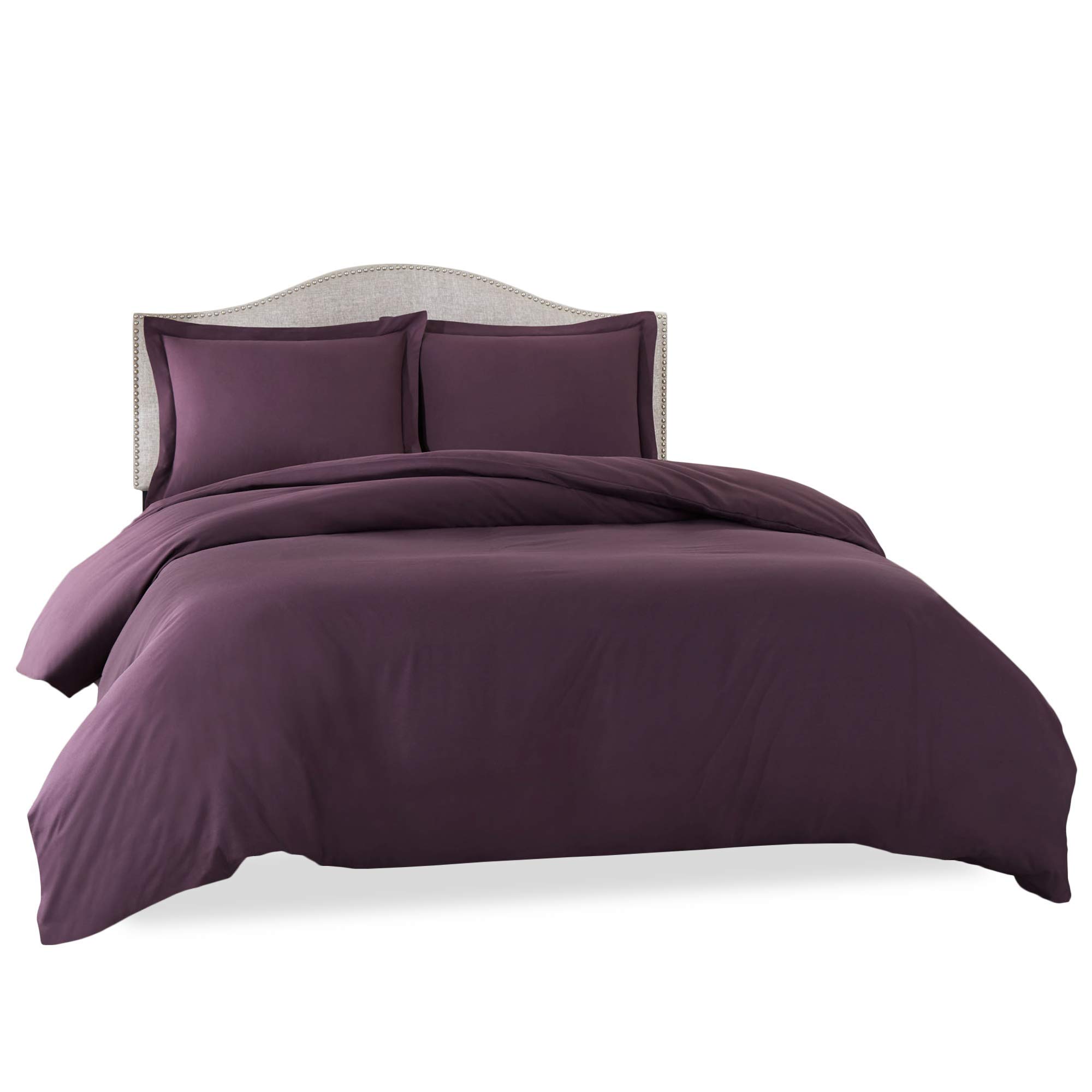 Clara Clark Ultra Soft Double Brushed Microfiber Duvet Cover Set - Queen Size 90x90 Inches with Button Closure & 2 Pillow Shams in Eggplant Purple - Perfect for Bedroom Decor, Hotel Style Bedding & Cozy Home Comfort