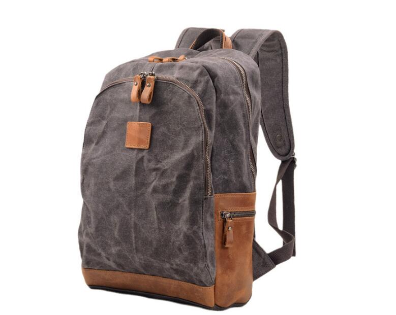 Durable Canvas Leather Rucksack Backpack - Waterproof Travel Hiking Bag for Men & Women (Grey, Green) - Perfect for Outdoor Adventures, Commuting & Daily Use