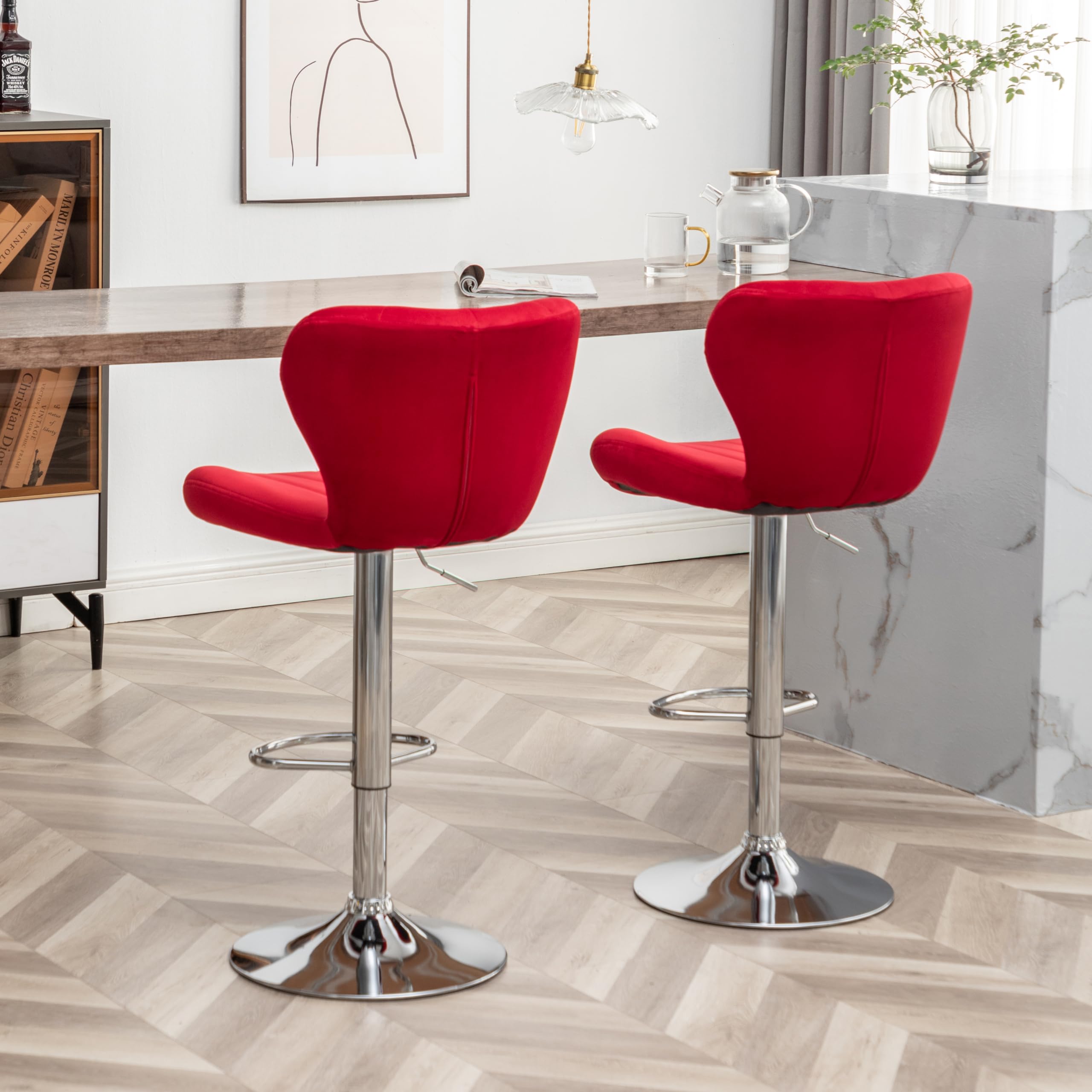 Roundhill Furniture Ellston Velvet Adjustable Swivel Bar Stools - Set of 2, Red Velvet Upholstered Counter Height Stools with Footrest - Perfect for Kitchen Island, Home Bar & Breakfast Nook