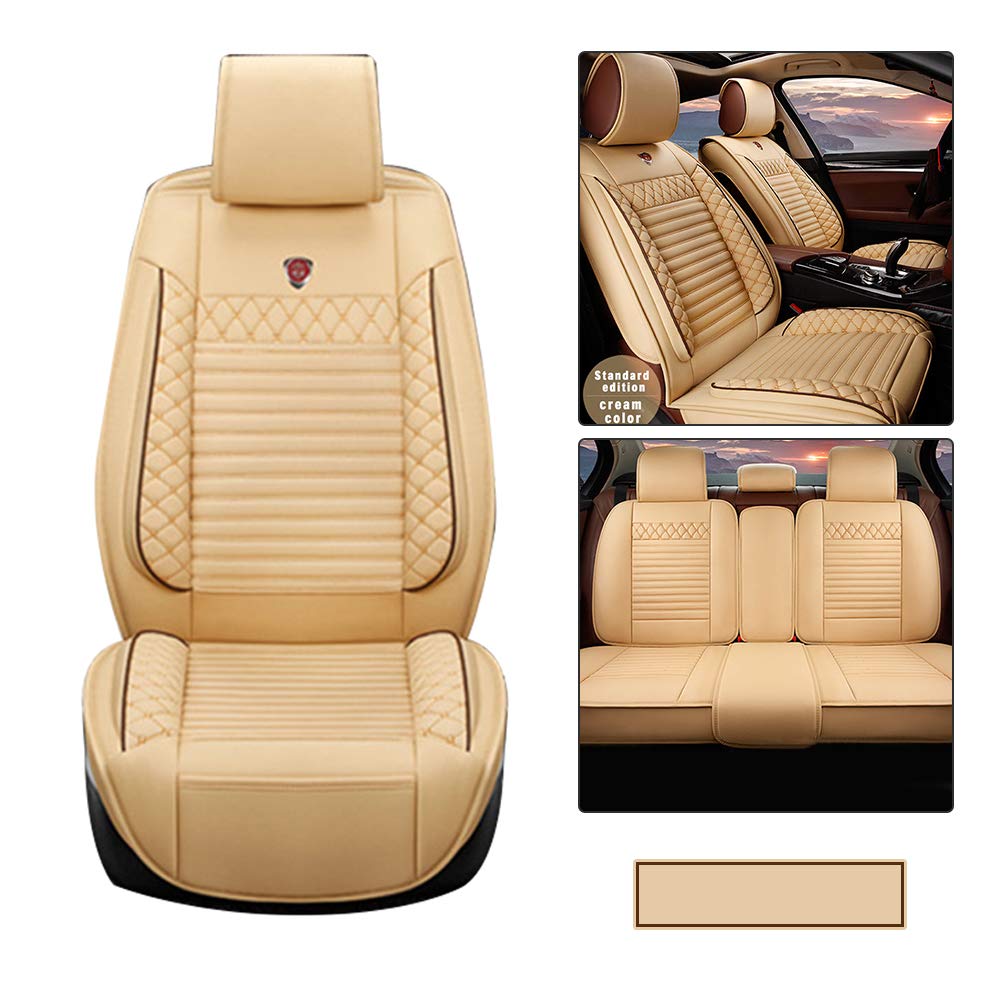 Premium PU Leather Waterproof Car Seat Covers - 5-Piece Set for Mercedes-Benz C Class - Breathable & Comfortable Seat Protector with Airbag Compatibility (Beige) - Perfect for Daily Commute, Road Trips & Car Interior Protection
