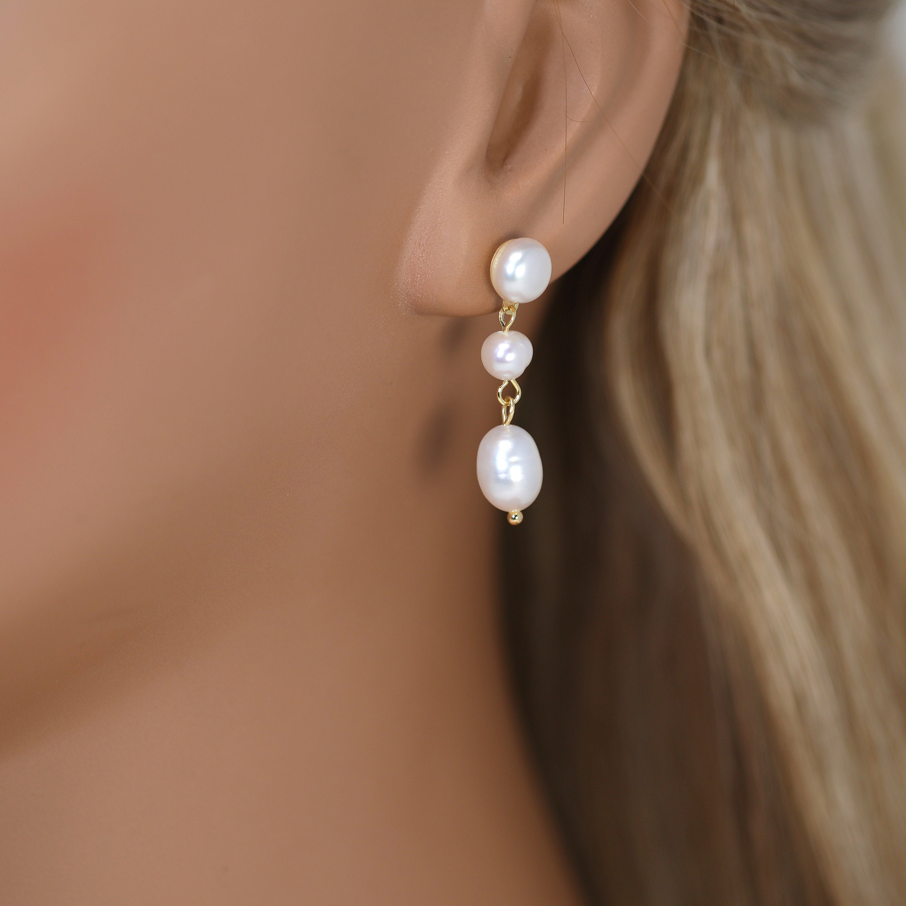Sterling Silver 3 Freshwater Cultured Pearl Bezel Earrings - Elegant Bridal Jewelry for Weddings, Parties & Special Occasions | Dainty Statement Earrings for Women