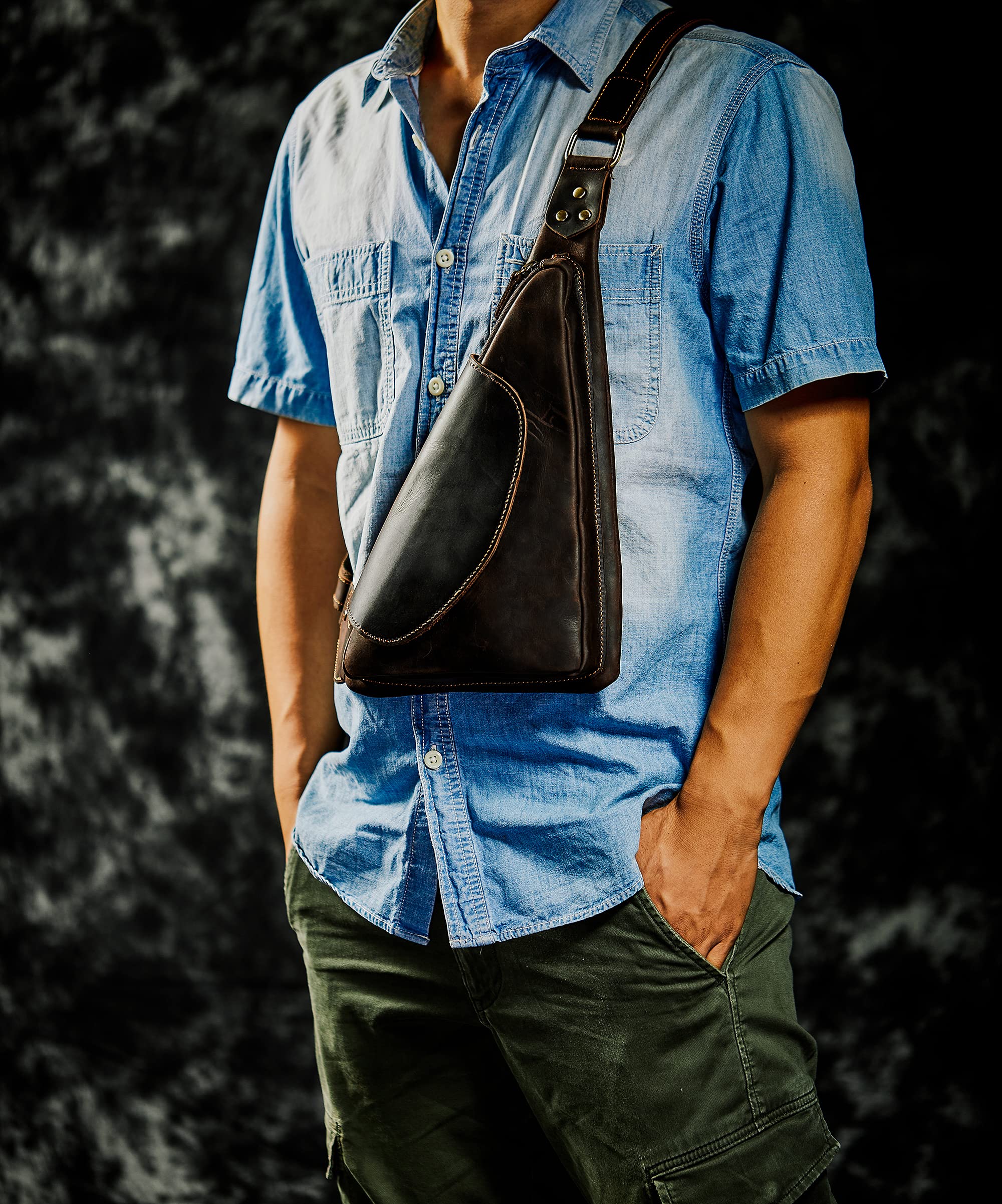 Men's Leather Crossbody Sling Backpack - Travel Hiking Chest Bag Daypack (Coffee Brown) - Perfect for Outdoor Adventures, Commuting & Daily Use