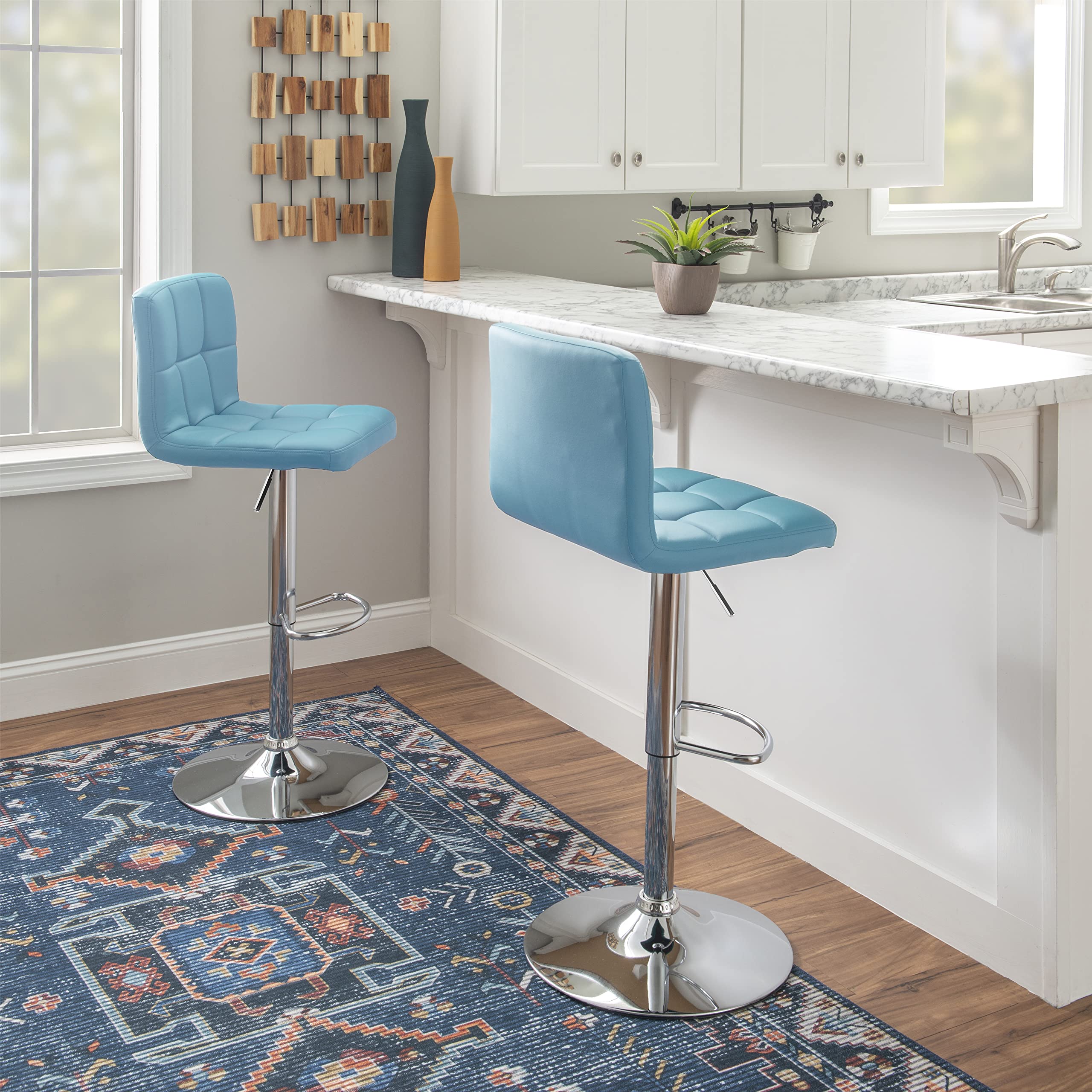 Powell Clayton Adjustable Bar Stool - Teal Faux Leather & Chrome Metal Finish - Modern Kitchen Island, Breakfast Nook & Home Bar Seating