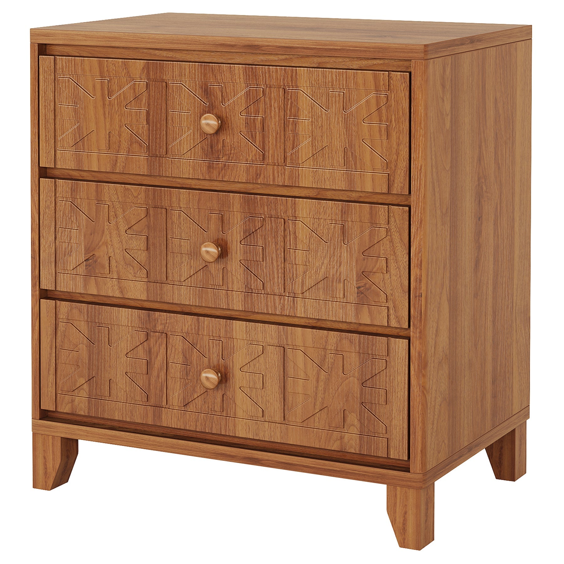 3 Drawer Nightstand - Farmhouse Style Bedside Table with Elegant Carved Patterns, Rustic Bedroom Furniture for Home Decor & Storage - Perfect for Bedroom, Living Room or Guest Room