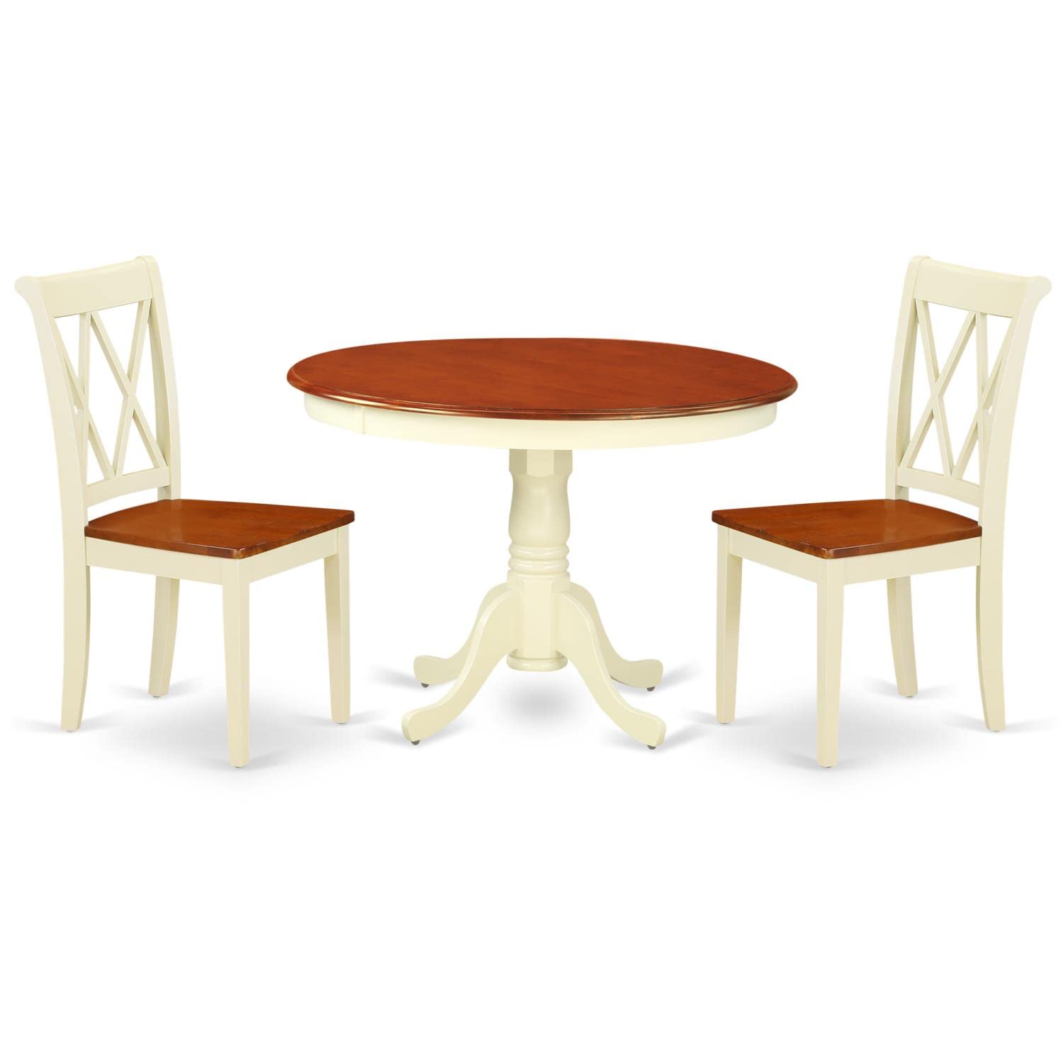 East West Furniture HLCL3-BMK-W 3-Piece Round Kitchen Dining Table Set with Pedestal Base & 2 Chairs, 42x42 Inch, Buttermilk & Cherry - Perfect for Small Spaces, Breakfast Nooks, and Cozy Apartments