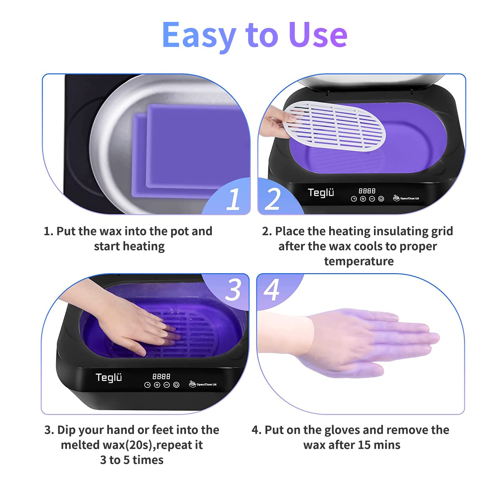 Teglu 4L Paraffin Wax Bath Machine for Hands & Feet with Auto Lid - Includes 3pcs Wax, Gloves & Brush - 200W Home & Salon Spa Therapy (FHC-2222) - Perfect for Pain Relief, Moisturizing & Relaxation