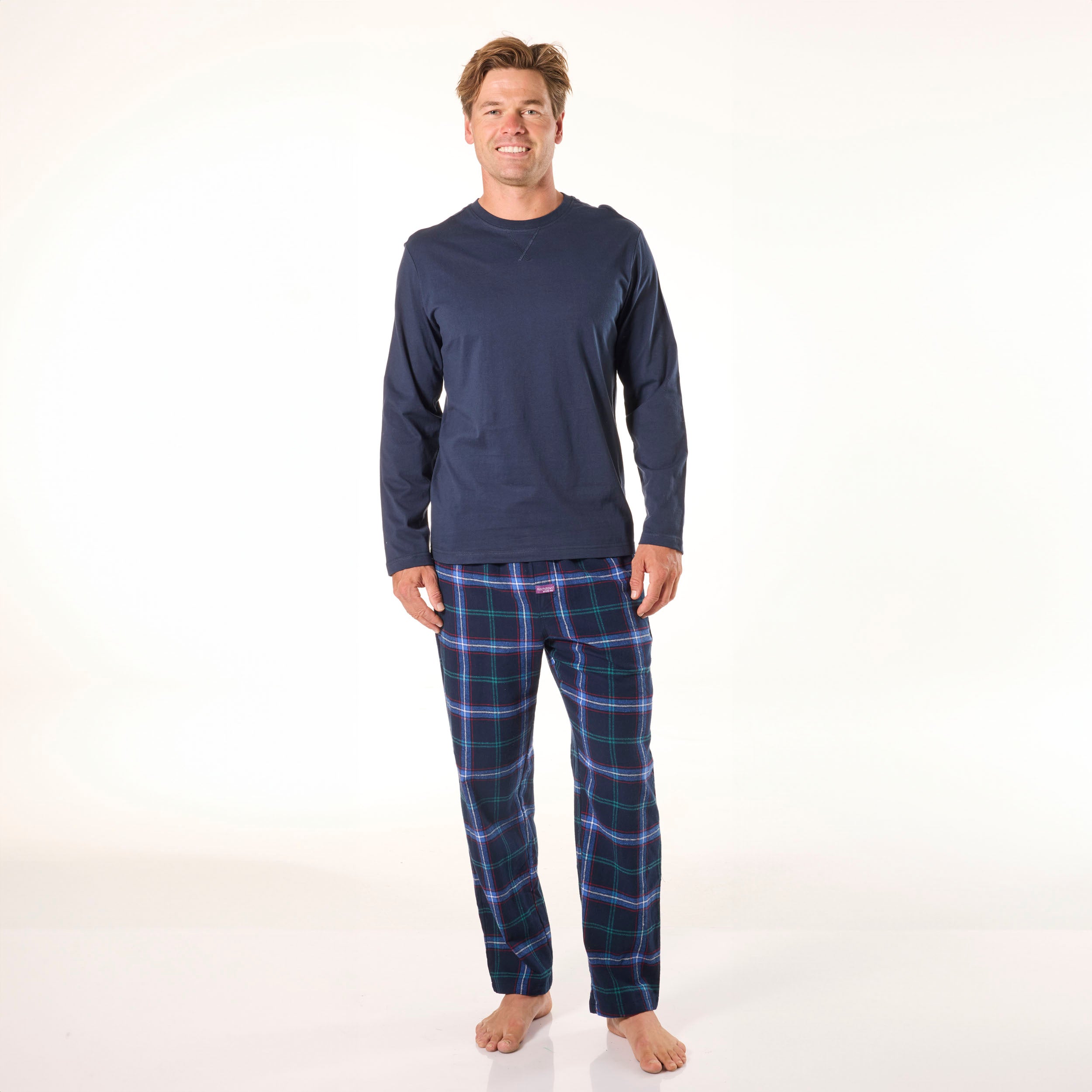 Men's Miles Check Cotton Flannel Long Sleeve Pajama Set - Navy Blue Plaid Sleepwear for Winter Nights & Cozy Lounging at Home