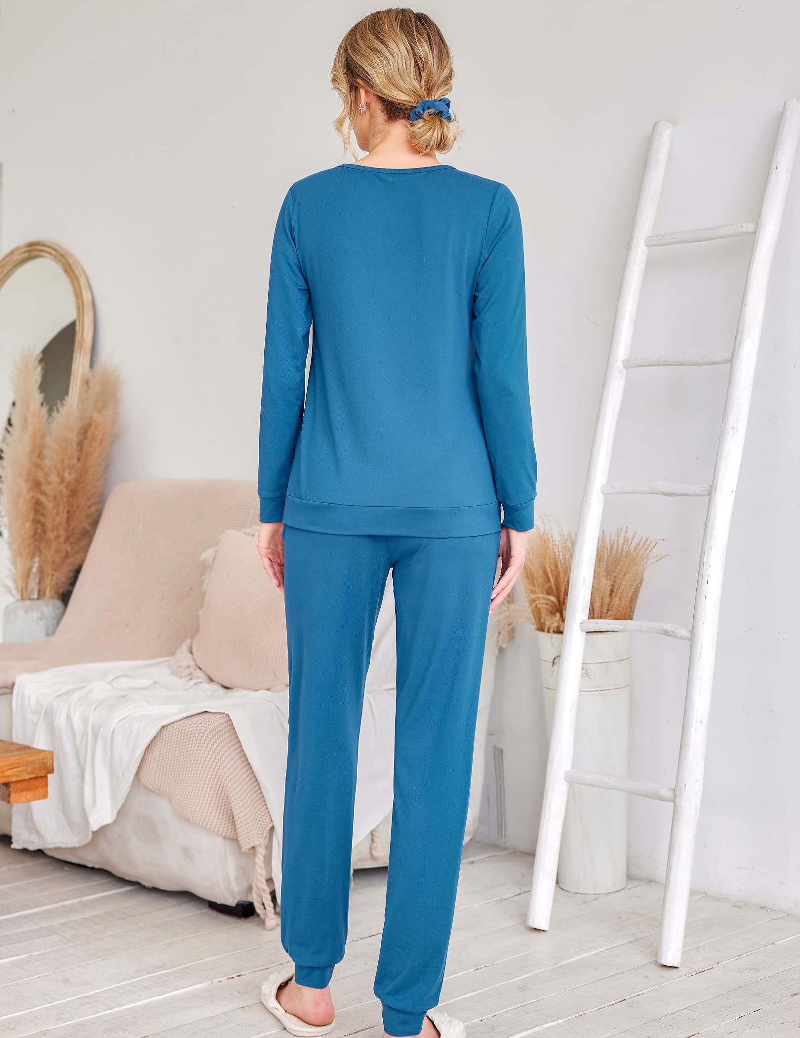 Ekouaer Women's Long Sleeve Jogger Pajama Set - Soft Sleepwear with Pockets, Round Neck Lounge Pjs for Nightwear, Comfortable Home Outfit & Cozy Loungewear for Relaxing