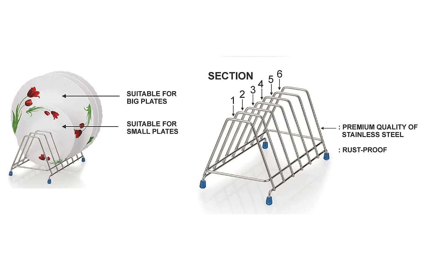Stainless Steel Plate Rack & Lid Holder - 6 Sections for Kitchen Storage