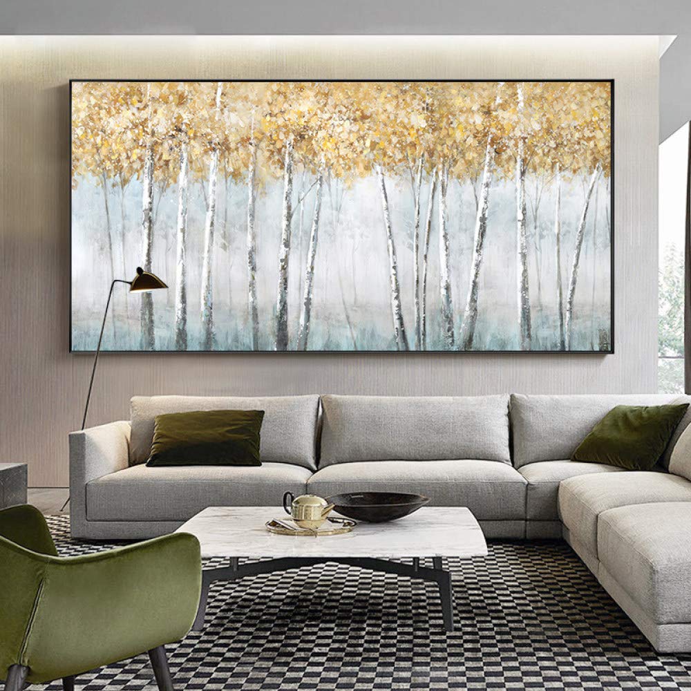 Hand Painted Modern Abstract Oil Painting on Canvas - Yellow Trees Woods Acrylic Wall Art for Living Room & Bedroom Decor (28x56 Inch Unframed) | Perfect for Home, Office & Gift Giving