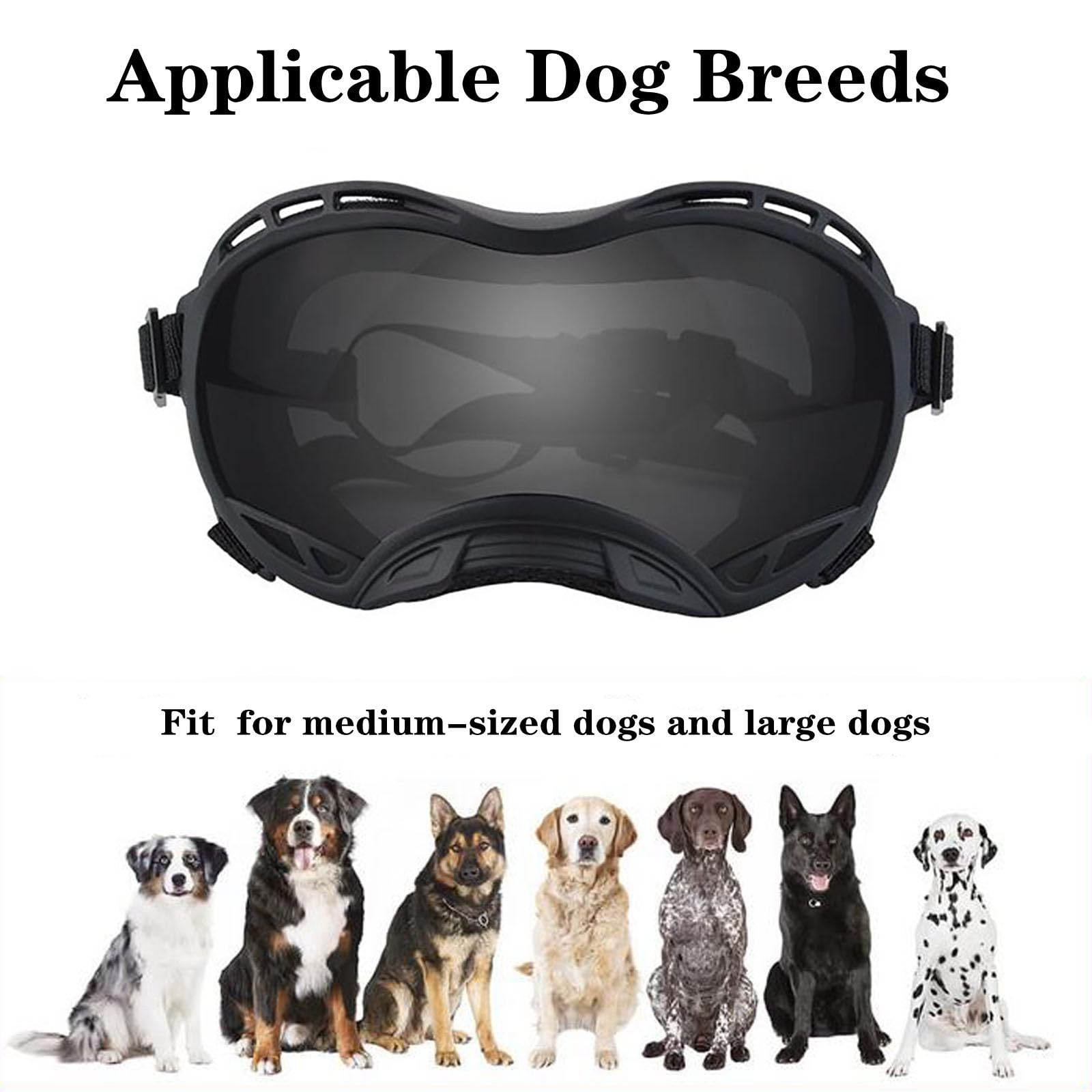 UV Protection Dog Goggles for Large Breeds - Windproof, Dustproof, Snowproof Sunglasses for Medium to Large Dogs - Black Frame & Gray Lens (Large) - Perfect for Hiking, Skiing, and Outdoor Adventures
