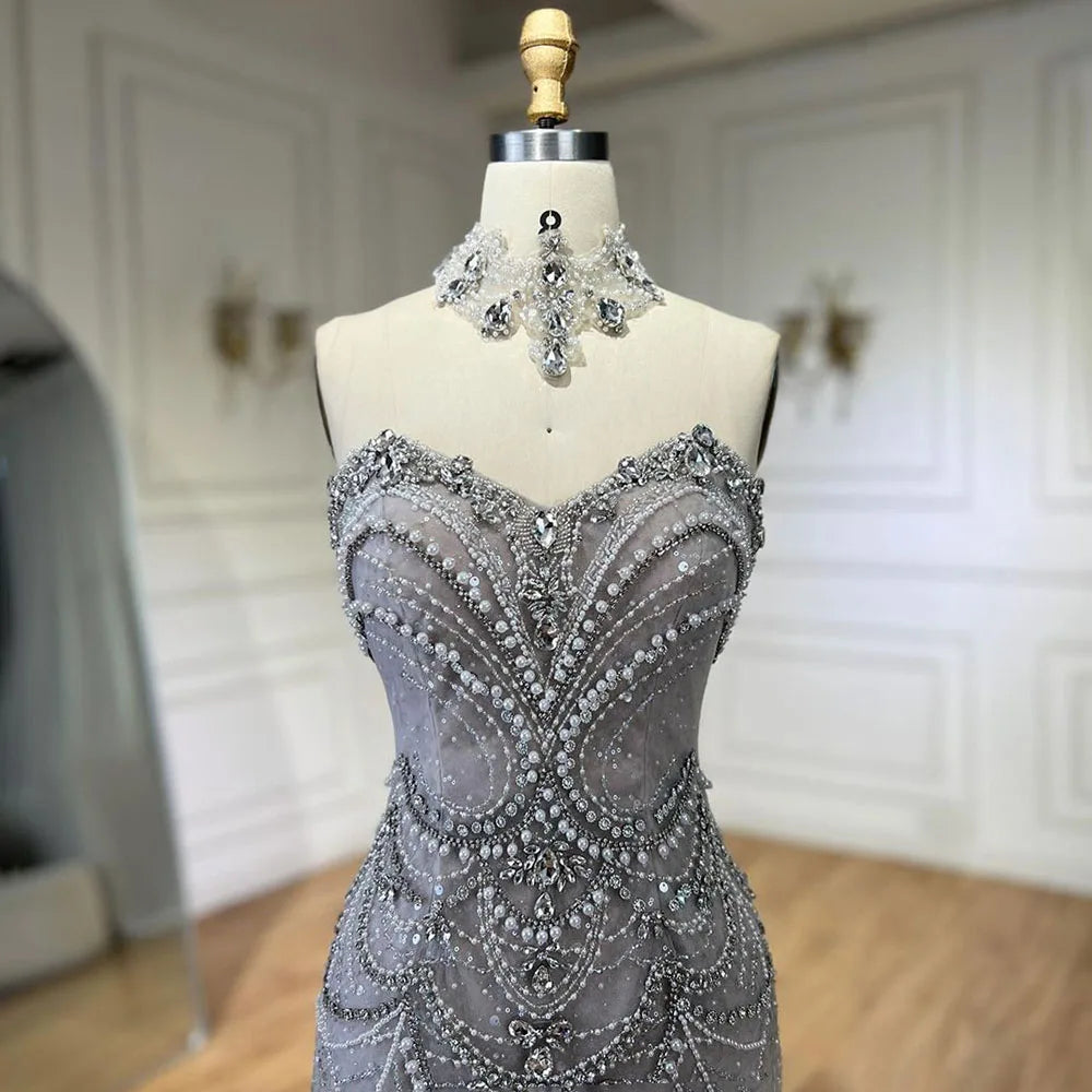 Elegant Arabic Silver Mermaid Evening Gown with Beaded Pearls & Crystal Embellishments for Women - Perfect for Parties, Prom, and Special Occasions in 2025