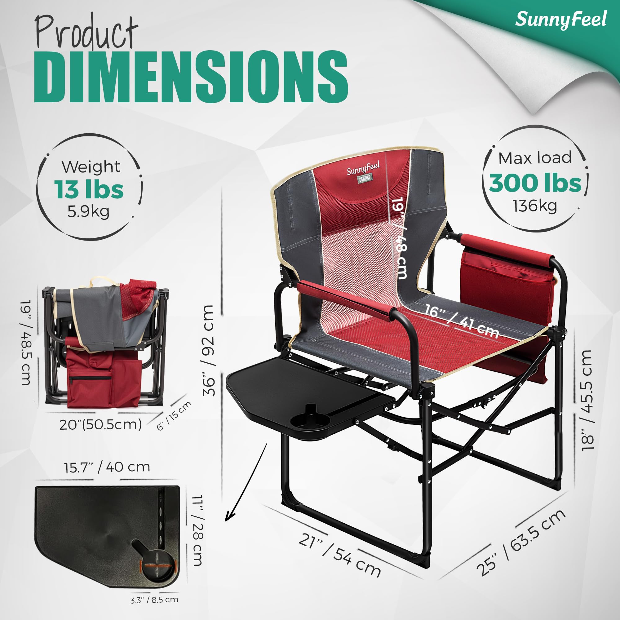 **Sunnyfeel Heavy Duty Oversized Camping Director's Chair with Side Table & Storage Pocket - Portable Folding Chair for Beach, Fishing, Picnic, Lawn, Concert & Outdoor Adventures**