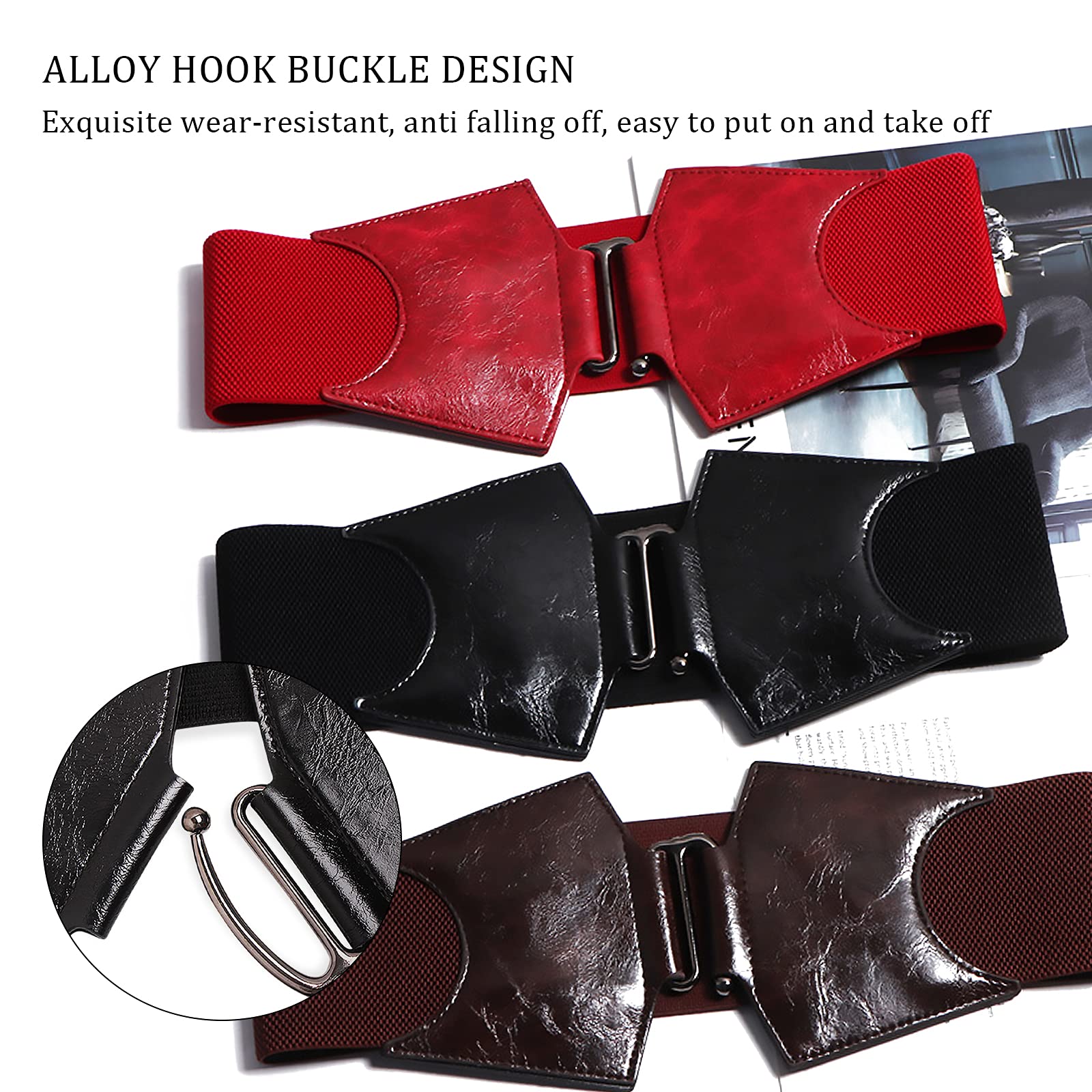 **Women's Wide Elastic Leather Belt with Alloy Hook Buckle - Stretchy Waistband for Dresses, Shirts & Overcoats - Perfect for Office, Casual & Formal Wear**