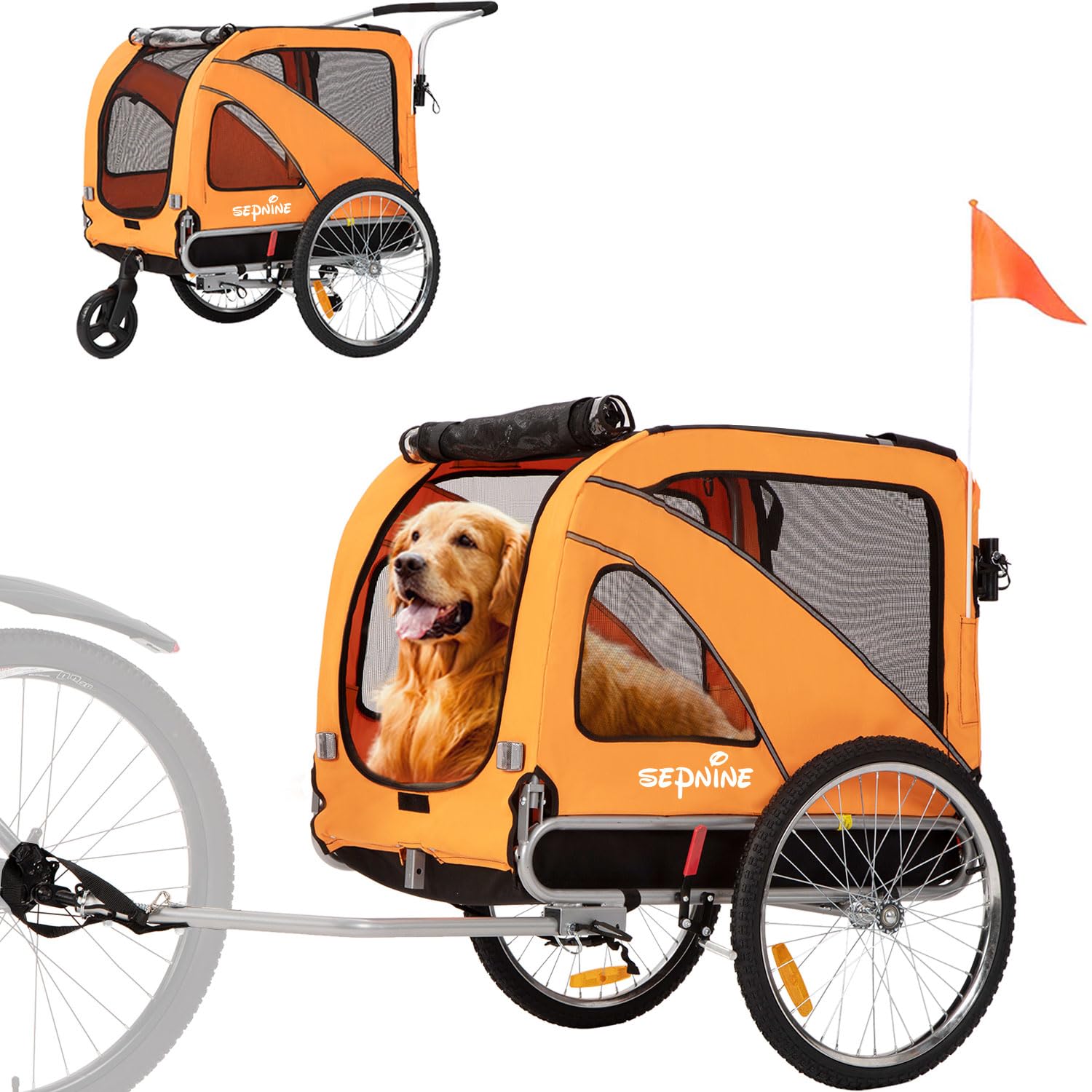 Sepnine 2-in-1 Large Dog Bike Trailer & Pet Stroller - Foldable Frame with Hand Lock Brakes, Universal Bicycle Coupler (Orange) - Perfect for Cycling Adventures & Outdoor Walks with Your Dog