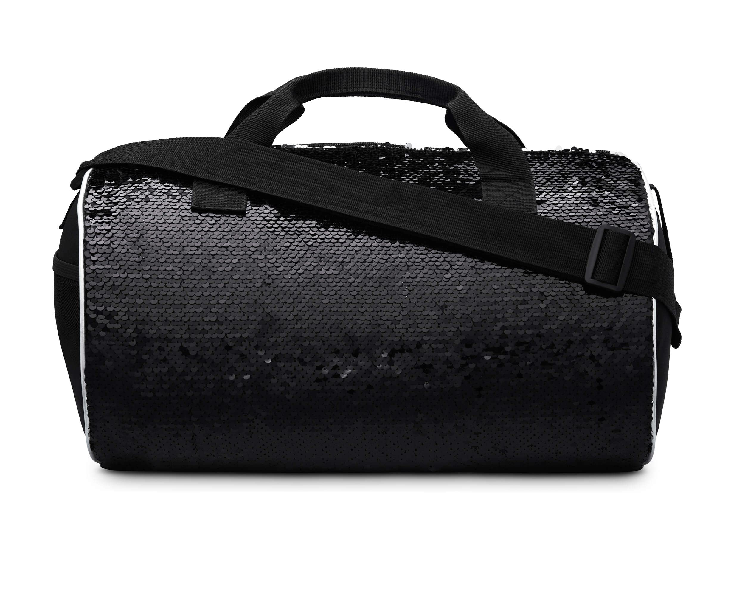 Reversible Sequin Dance Duffle Bag for Girls Kids Teens - Adjustable Carry On Weekender Travel Bag with Handy Pouch (16 Inch, Black Silver) | Perfect for Dance Classes, Sleepovers & Weekend Getaways