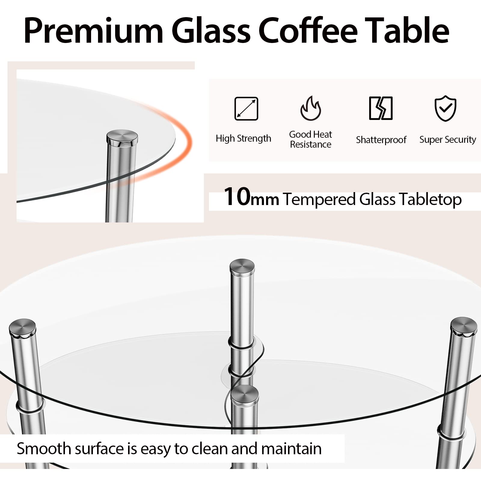 Modern Glass Coffee Table with Steel Legs - Clear Tempered Glass Top & Sturdy Metal Frame for Living Room, Lounge, or Office - Stylish Cocktail & Tea Table for Home Decor