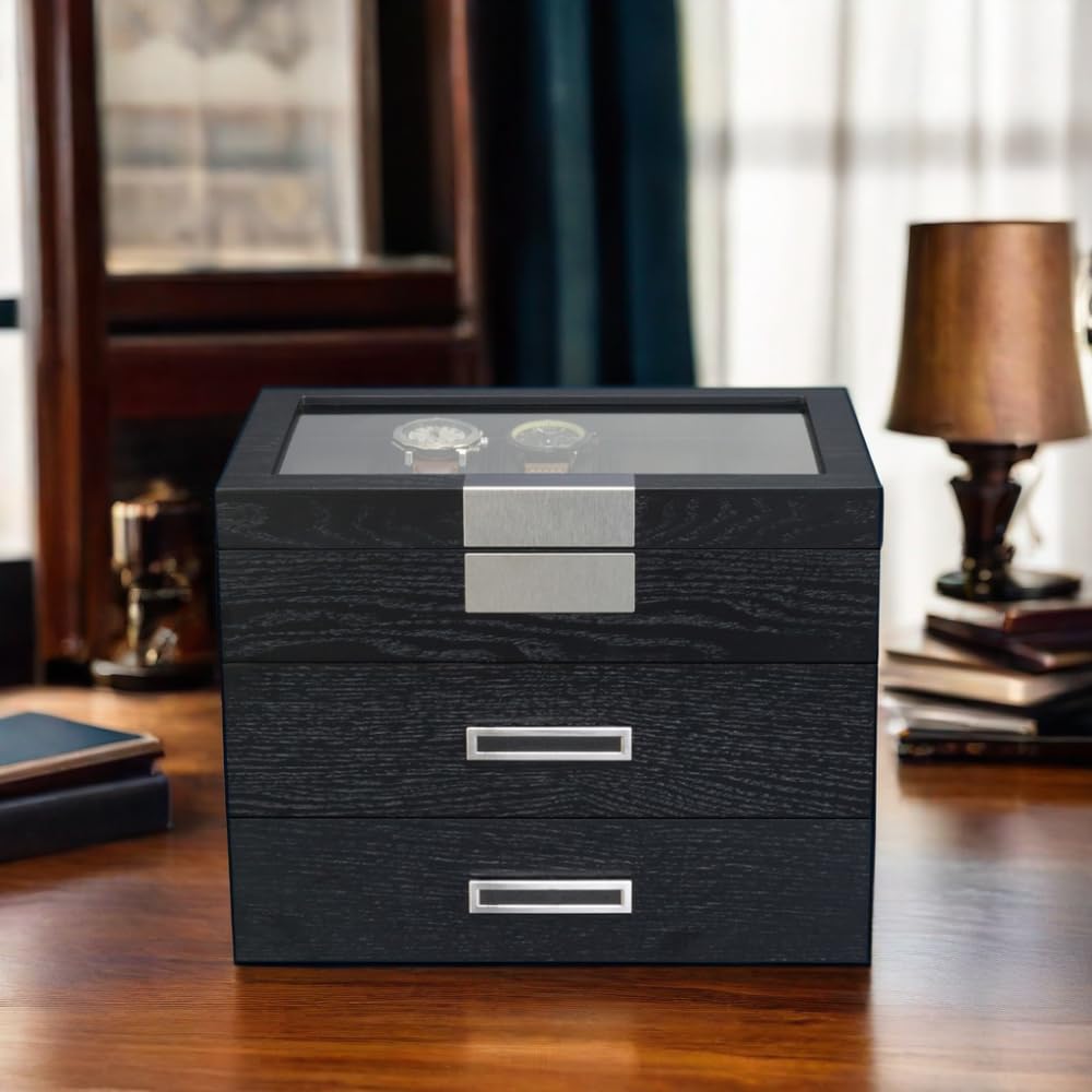 Personalized Ebony Wood Watch Display Case - 3-Tier Jewelry Organizer with Glass Top, Stainless Steel Accents & 2 Drawers - Luxury Watch Storage Box for Men & Women - Perfect for Home, Office or Gift Giving