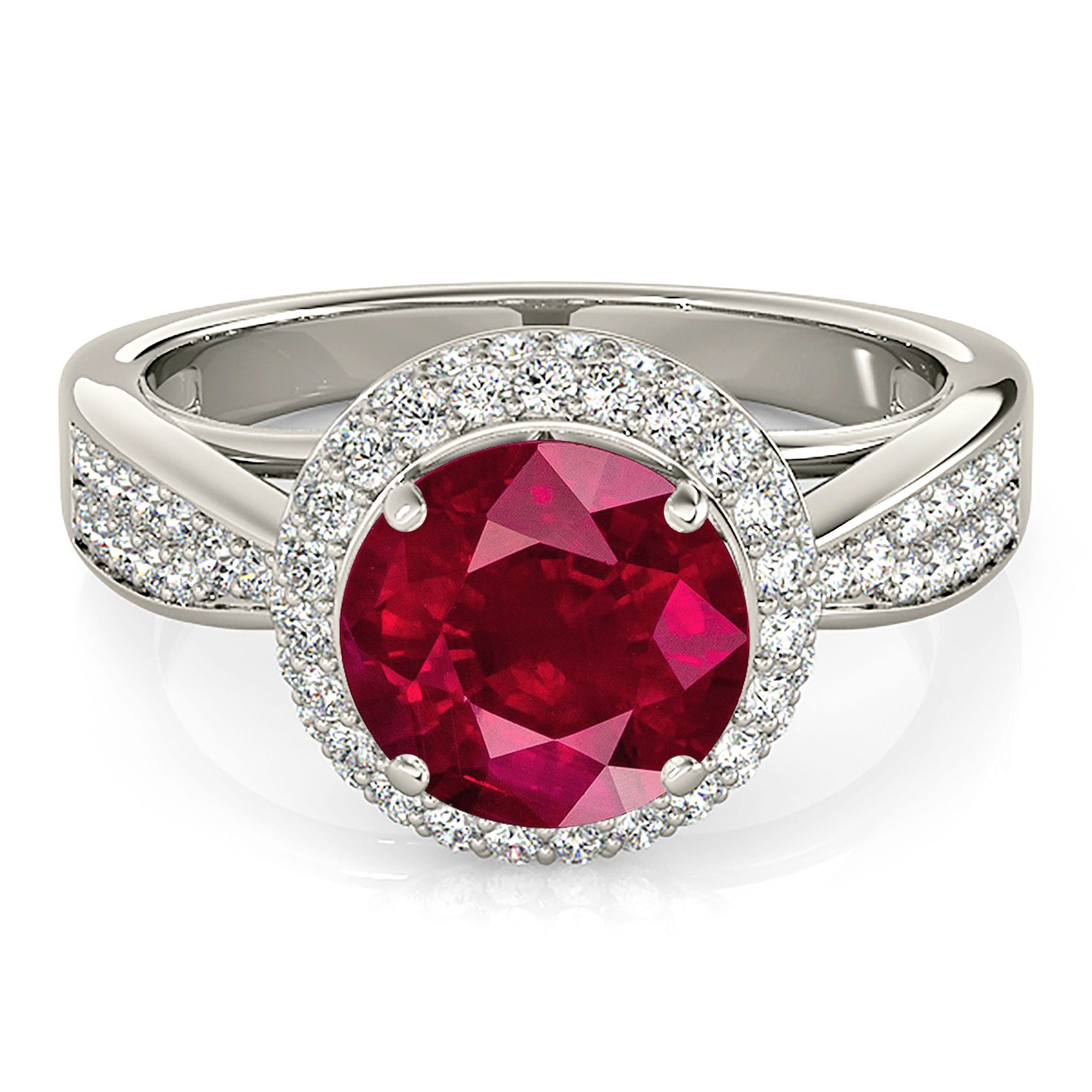 2.35 Carat Genuine Ruby Ring with 3D Halo & Graduating Diamond Band – Elegant Engagement, Wedding, Anniversary Gift for Her