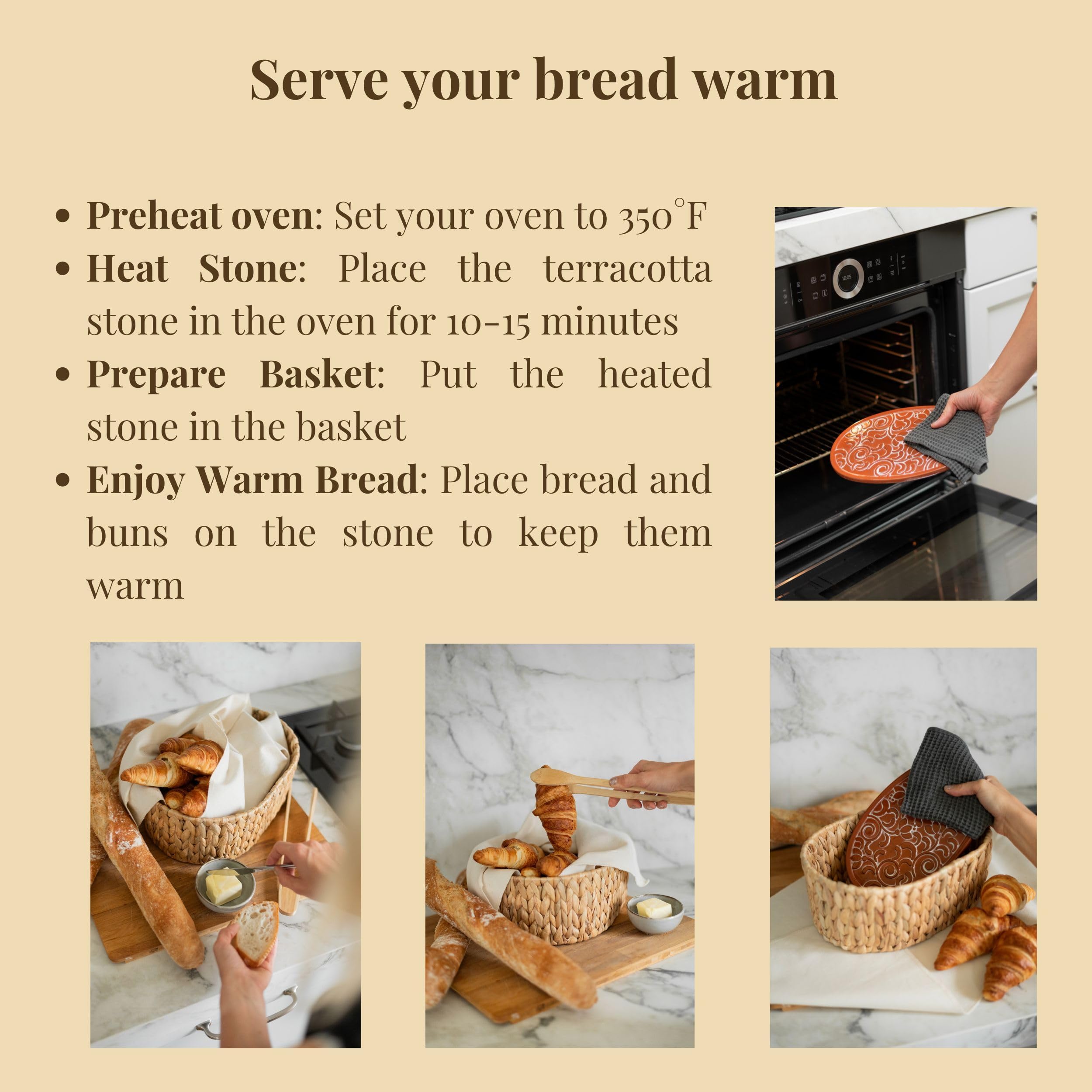 Stone Bread Warmer Basket - 11.8x9x4.72 Inch Tortilla & Bread Serving Basket - Keep Bread Warm for Dinner, Parties & Restaurants