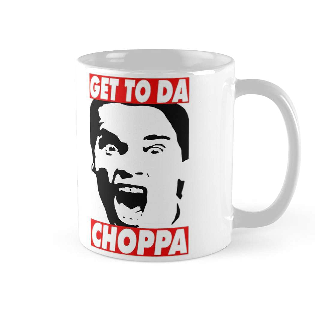 Get To Da Choppa Coffee Mug - 11oz & 15oz Ceramic Tea Cups for Office, Home & Gifts | Funny Movie Quote Gift for Arnold Schwarzenegger Fans