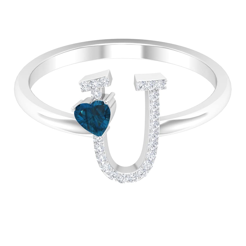 Exquisite London Blue Topaz & Diamond Rings | Diamond Alphabet A-Z Initial Rings for Women | 14K White Gold Personalized Jewelry | Perfect for Birthdays, Anniversaries & Special Gifts