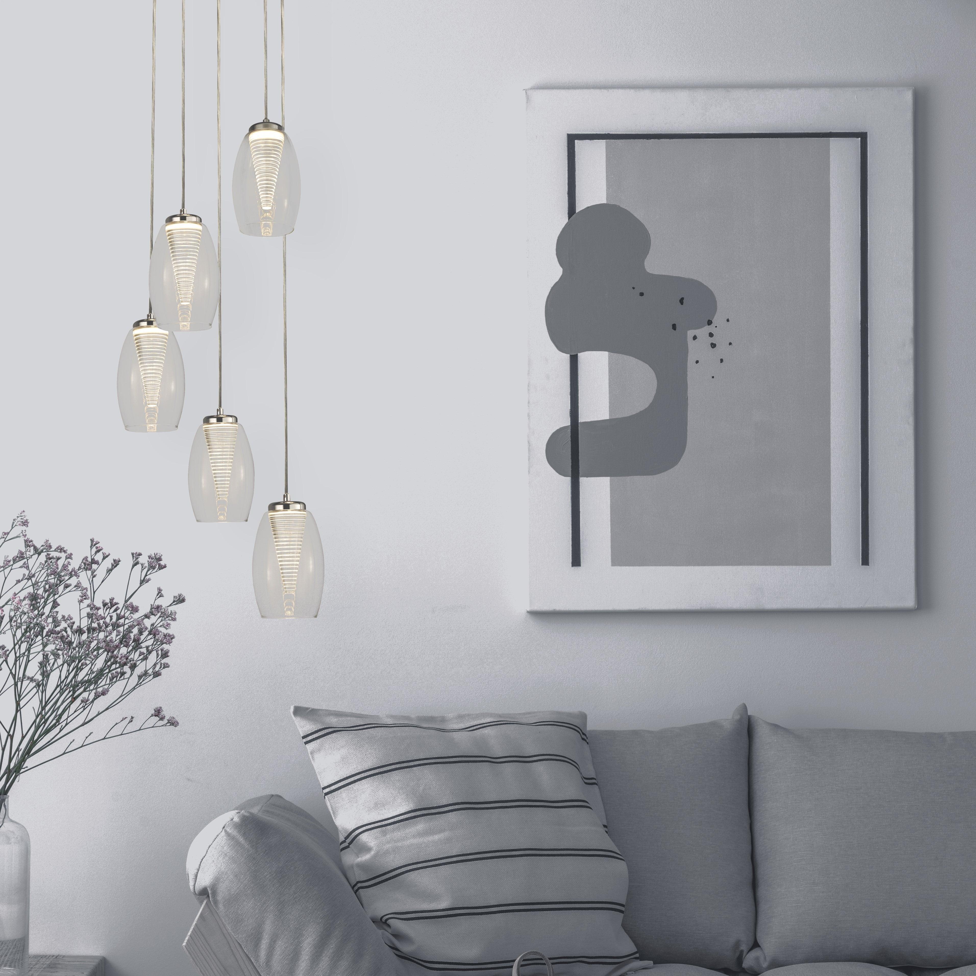 Cyclone 5-Light LED Multi-Drop Pendant Lighting Fixture with Glass Shades - Perfect for Dining Room, Kitchen Island, and Living Room Decor