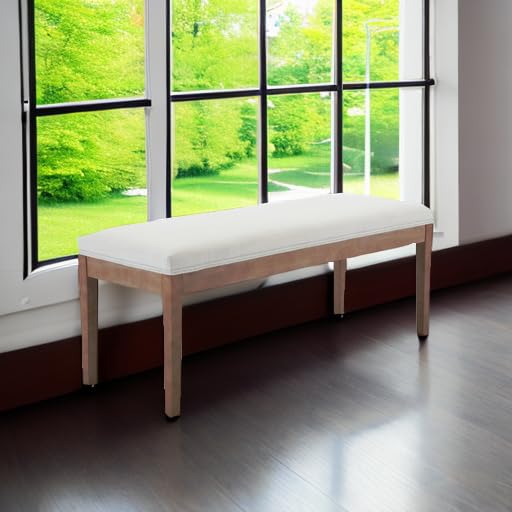 Farmhouse Entryway Bench with Wood Legs - Upholstered Shoe Storage Bench for Hallway, Porch, Bedroom, Dining Room - Linen Fabric, Beige - Perfect for Small Spaces, Mudroom Organization & Cozy Home Decor