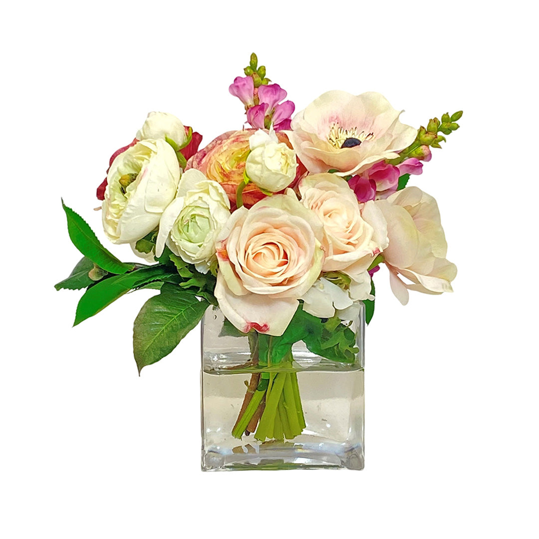 Paloma Ranunculus & Roses in Cube Vase - Elegant Floral Arrangement for Wedding Centerpieces, Home Decor & Gift Giving