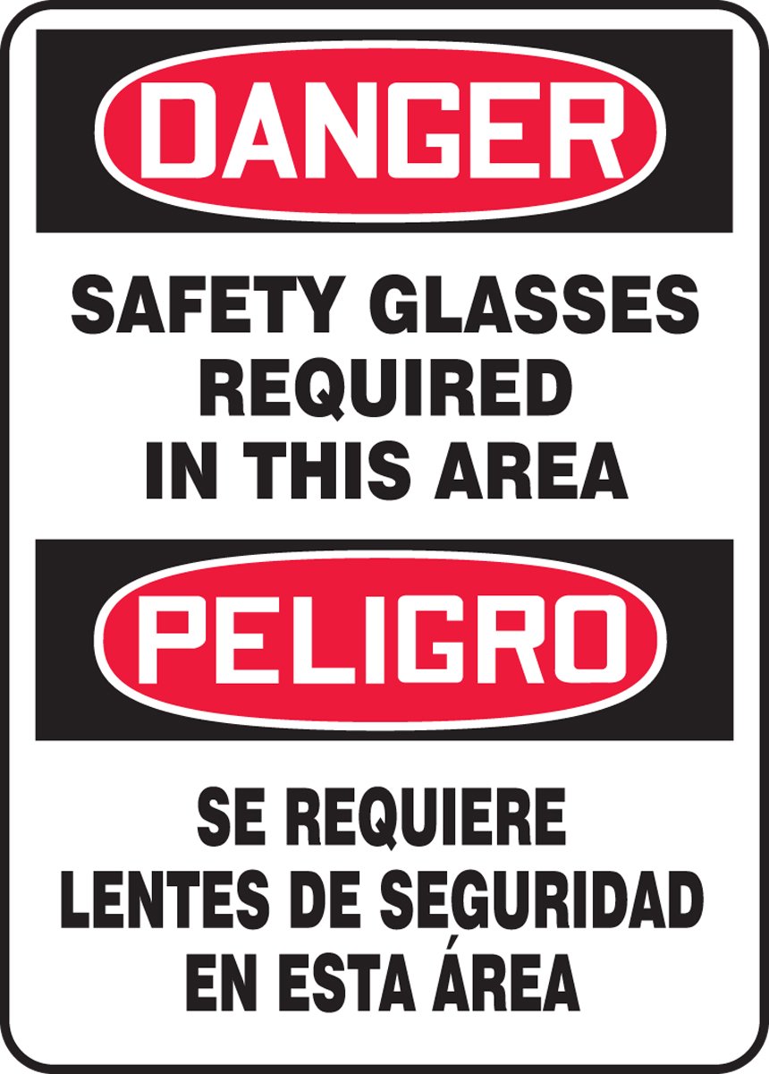 OSHA Danger Safety Sign - Bilingual 'Safety Glasses Required in This Area' Warning - 20
