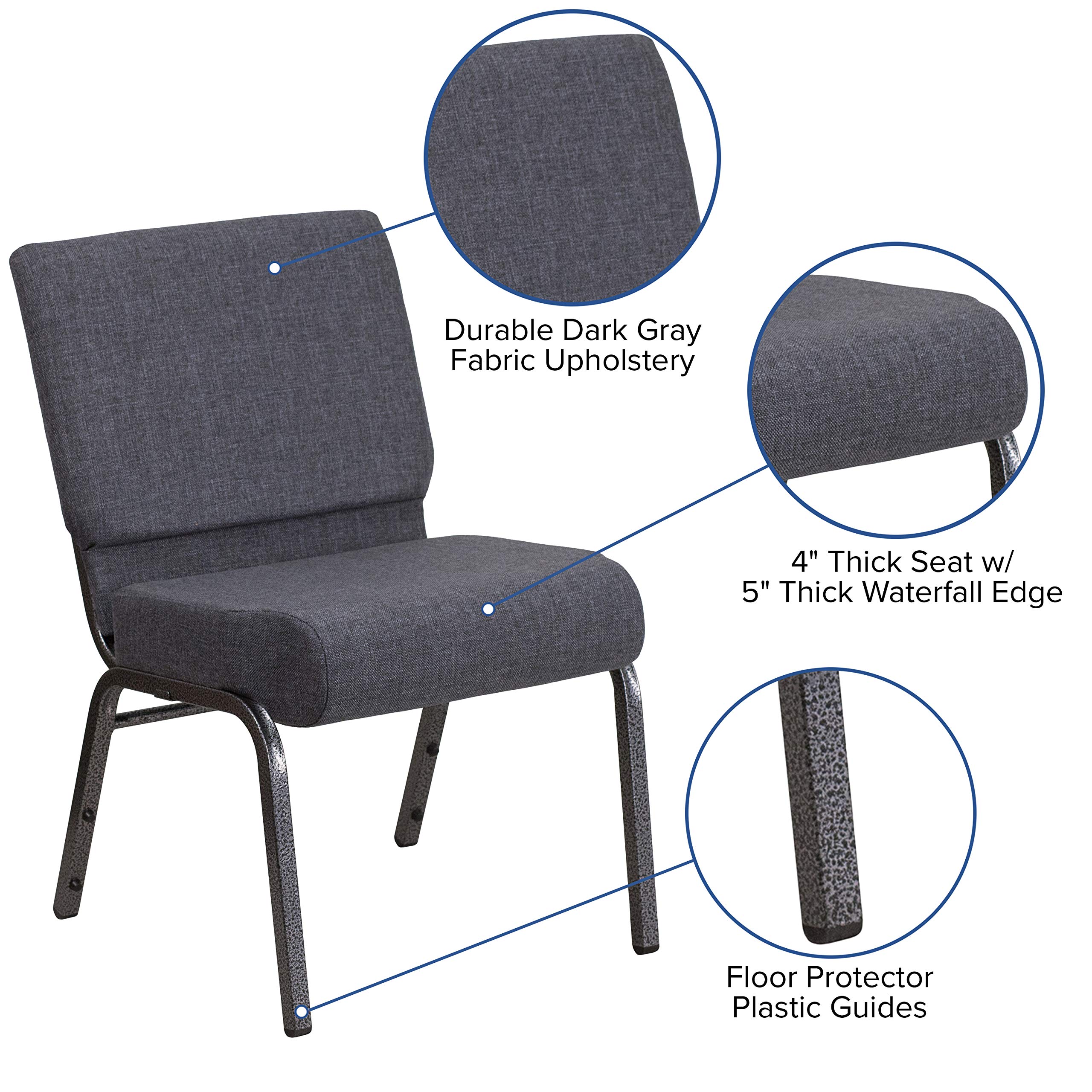 EMMA + OLIVER 21 Inch Wide Church Chair with Dark Gray Fabric & Silver Vein Frame - Stackable Padded Seating for Churches, Events, Weddings and Banquets