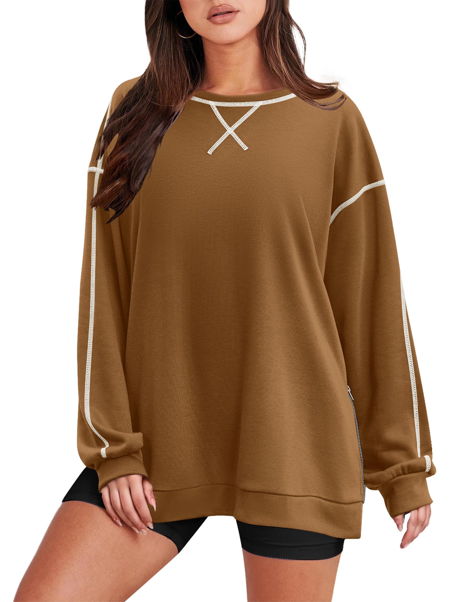 Zeagoo Women's Oversized Sweatshirt Long Sleeve Crewneck Pullover Top with Side Zip - Trendy Fall Winter Hoodie for Casual Wear, Street Style & Going Out
