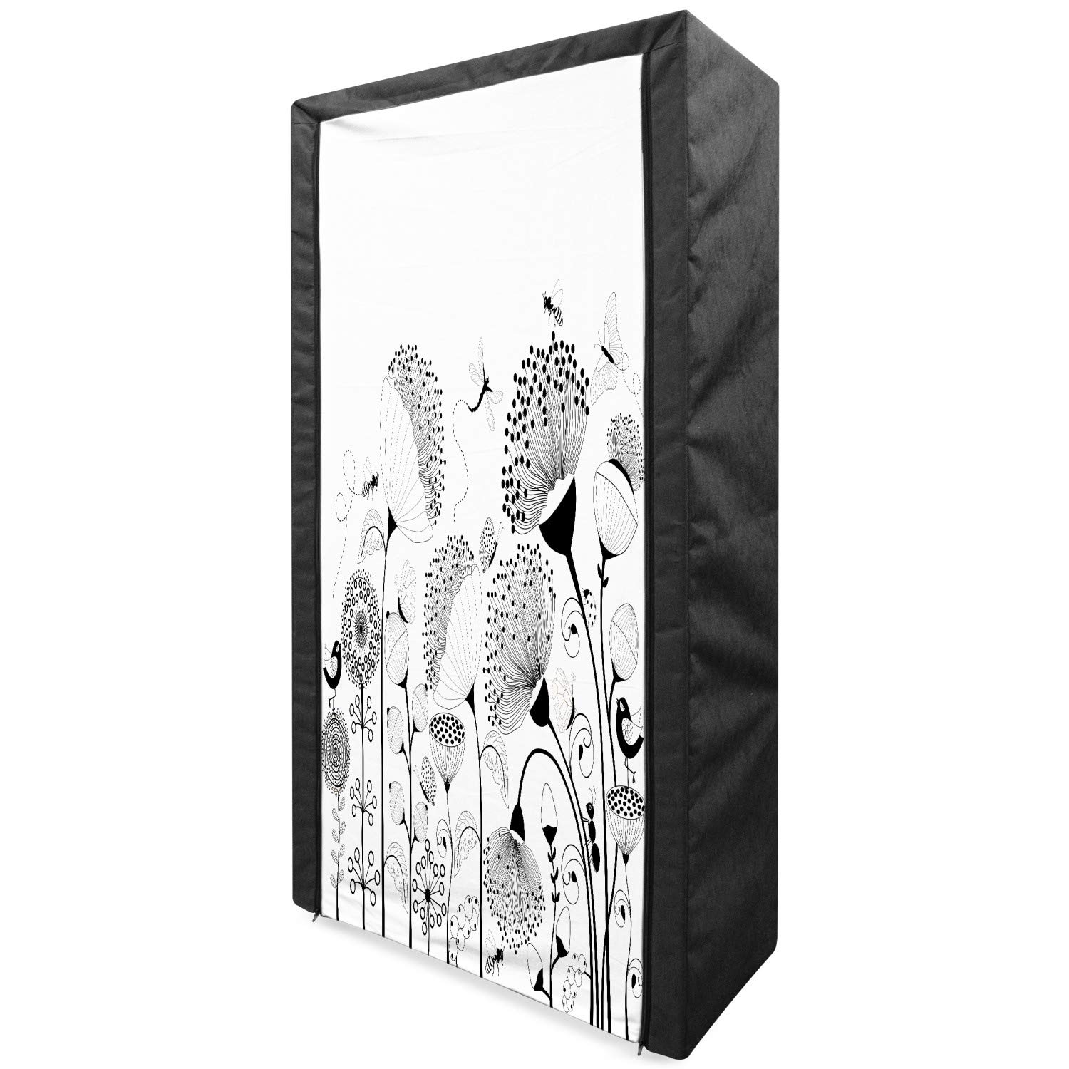 Ambesonne Black and White Portable Fabric Wardrobe with Blooming Flowers, Butterflies & Bees - 33.5