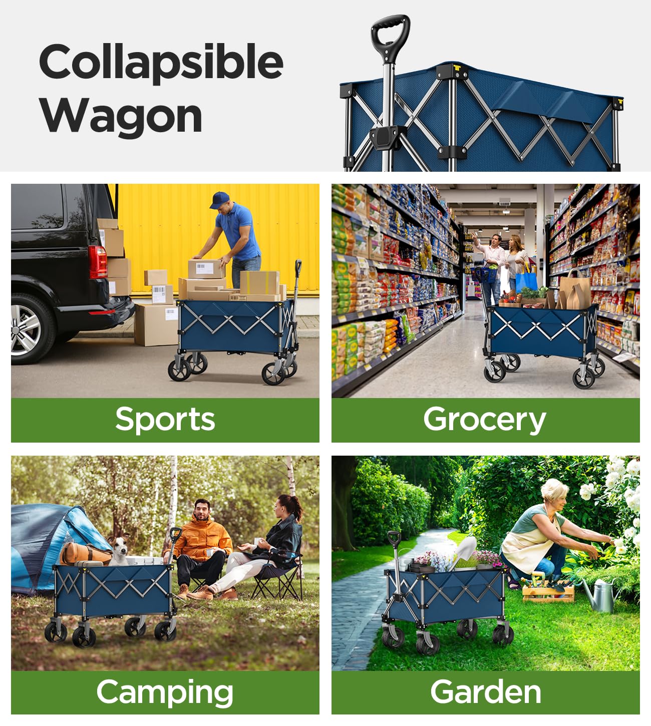 220lbs Heavy Duty Collapsible Beach Wagon with Large All-Terrain Wheels - Foldable Utility Cart for Camping, Grocery Shopping, Gardening & Outdoor Activities (Blue) - Perfect for Beach Trips, Picnics & Sports Events