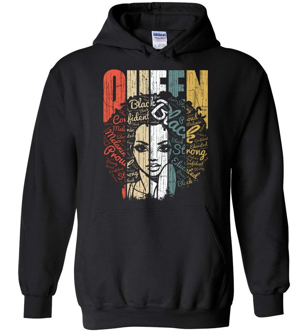Queen Hoodie - Strong Black Woman with Natural Afro Hair, Educated & Melanin Rich Skin - Black - Perfect for Casual Wear, Street Style & Empowerment Events
