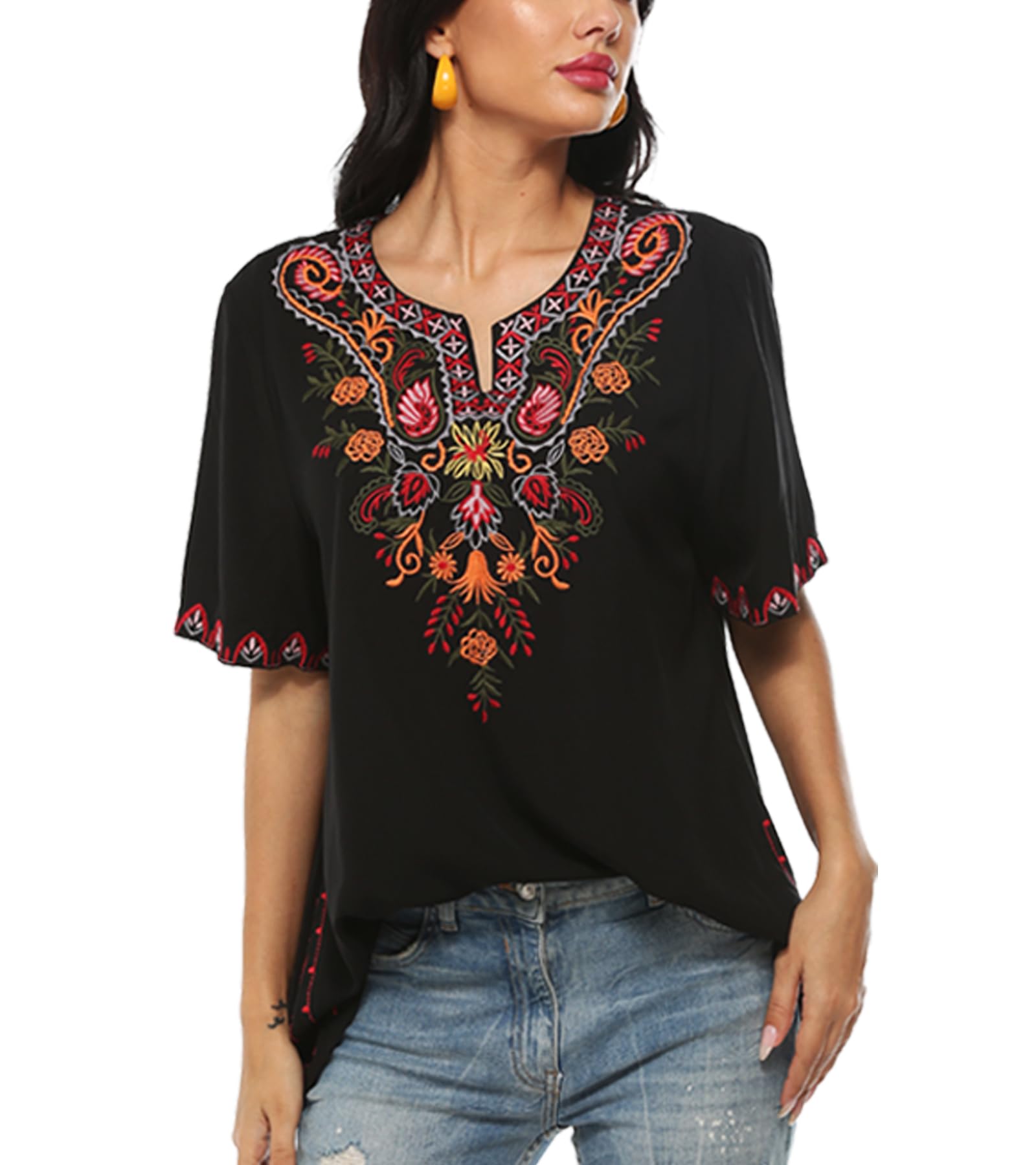 Higustar Mexican Embroidered Boho Blouse for Women - Floral Embroidered Peasant Top, Traditional Mexican Tunic Shirt - Perfect for Festivals, Beach Vacations & Boho Fashion Outfits