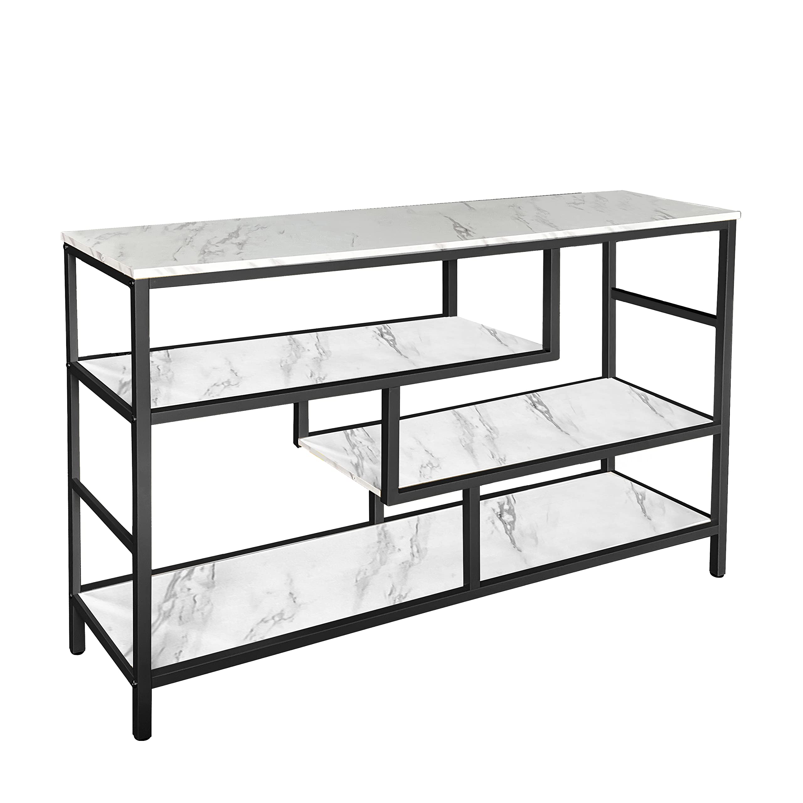 AT-VALY Modern Console Table with Storage Shelves - Entryway Sofa Table with Faux Marble Veneer for Living Room, Hallway, Bedroom - Black & White Home Decor for Small Spaces & Apartments