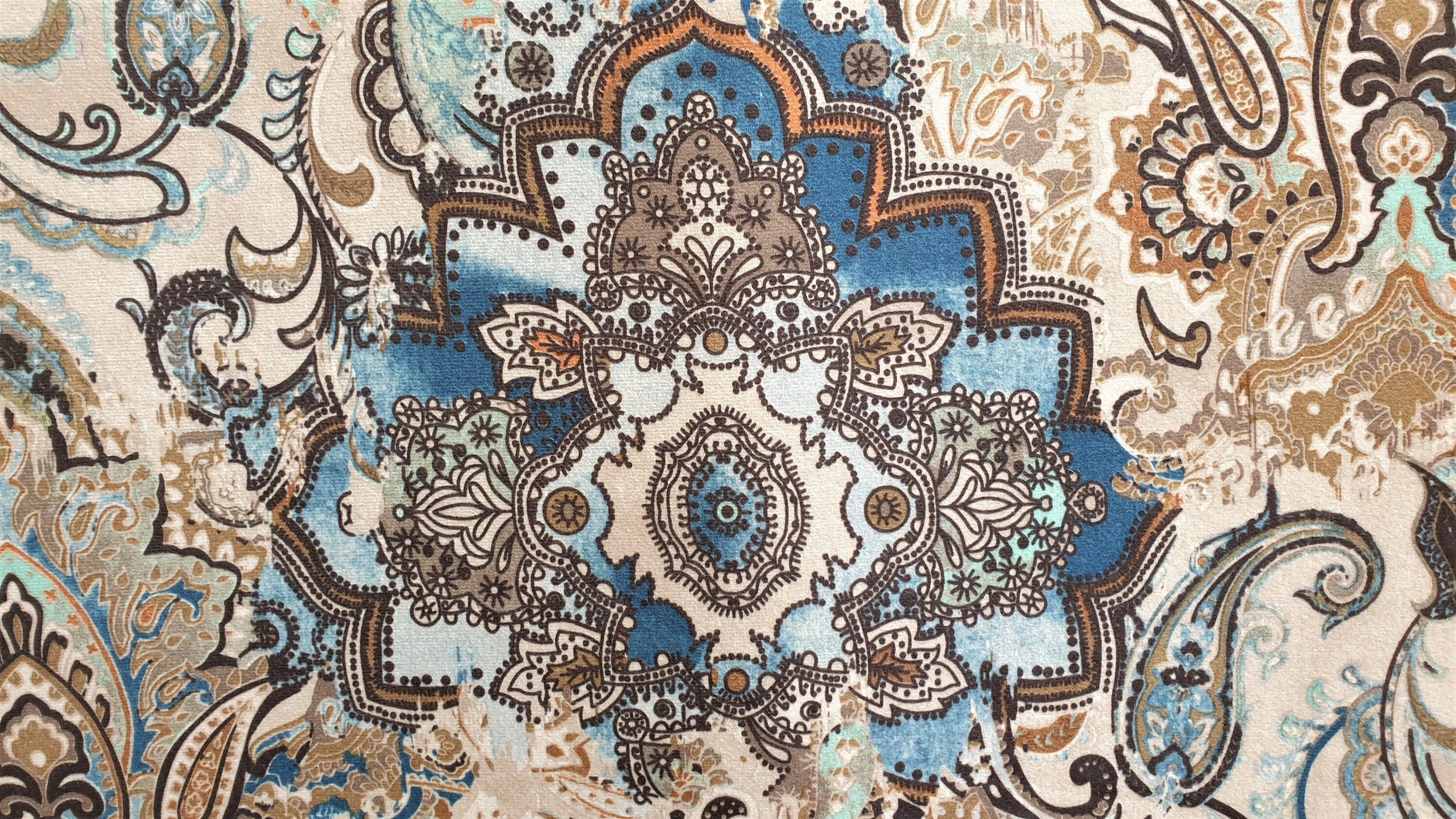 Beige & Blue Arabian Love Damask Print Velvet Curtain Panels - Elegant Window Treatments for Living Room & Bedroom Decor
