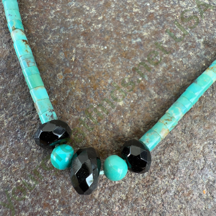 Turquoise Heishi Bead Necklace with Jet Glass - Handmade Native American Style Jewelry for Women - Perfect for Boho Fashion, Festivals & Spiritual Healing