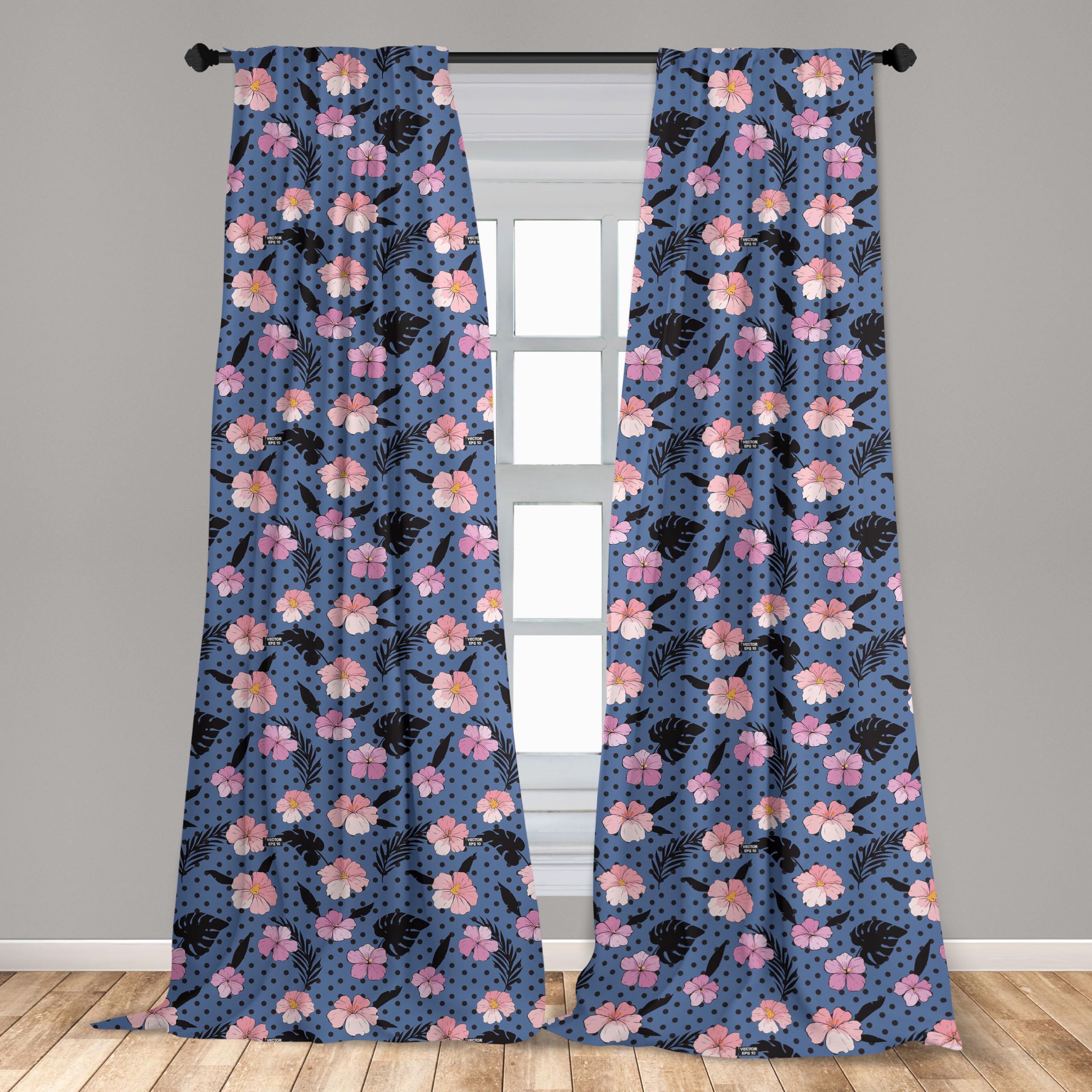 Ambesonne Exotic Hibiscus Monstera Leaf Palm Island Foliage Window Curtains - Lightweight Polka Dot Decor, 2-Panel Set with Rod Pocket, 28