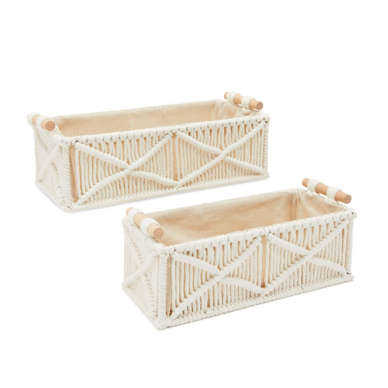 Okuna Outpost Set of 2 Macrame Storage Baskets with Wood Handles - Woven Home Decor Organizer Bins for Bedroom, Bathroom & Nursery (Ivory)
