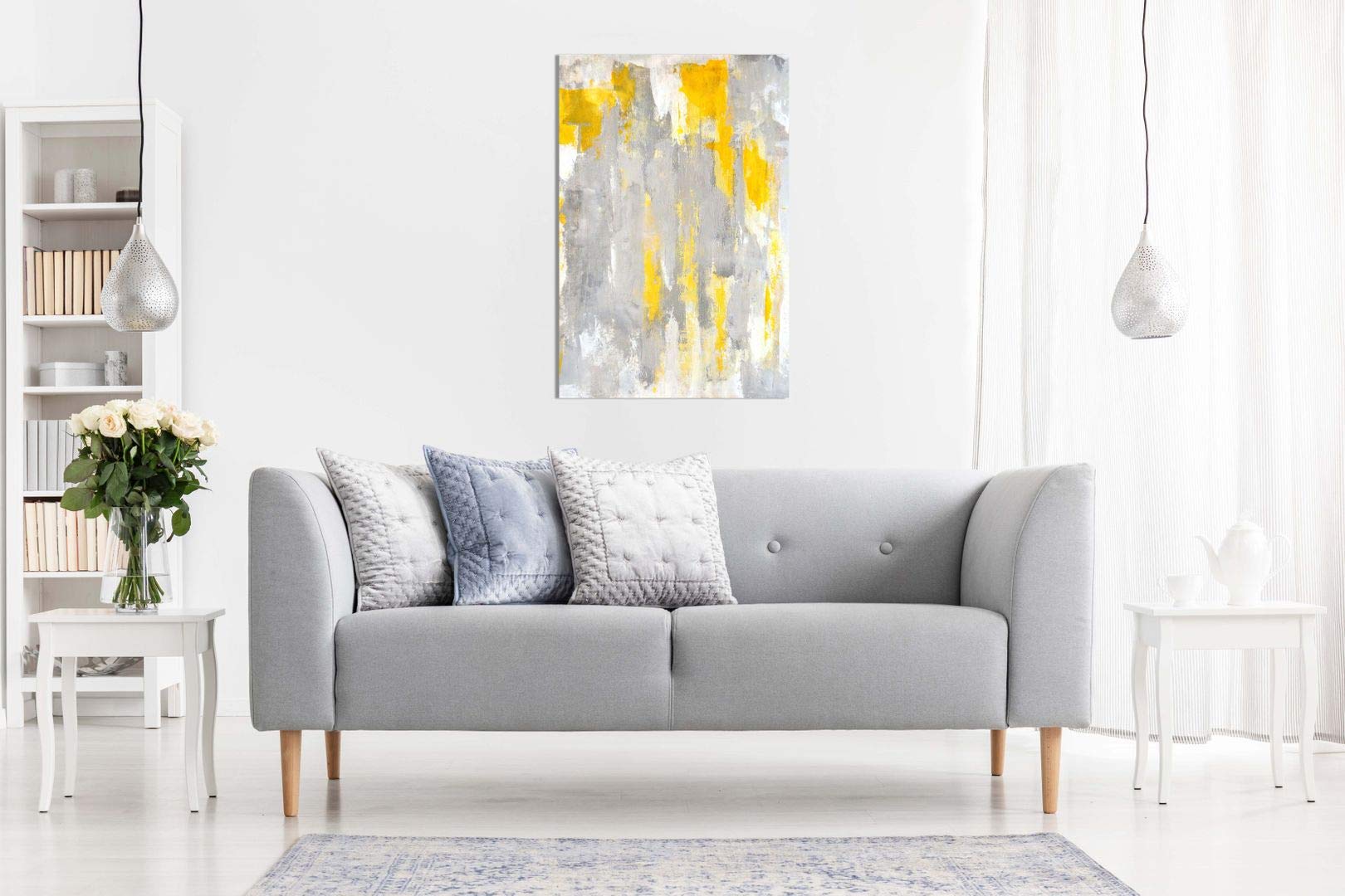 Modern Abstract Grey & Yellow Canvas Wall Art - 30x20 Inch Framed Painting Print for Living Room, Bedroom & Office Decor