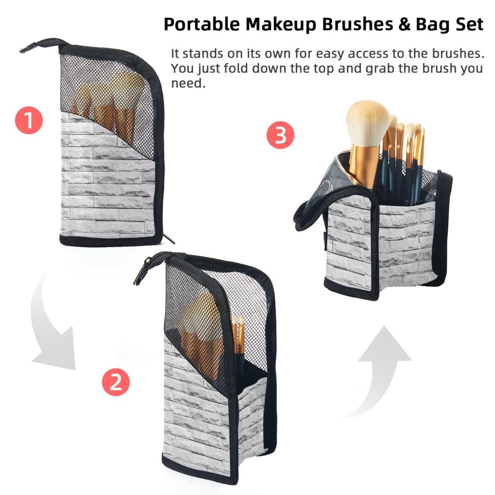 12-Piece Makeup Brush Organizer Bag with White Wall Print - Portable Cosmetic Brush Holder Case for Travel & Home Storage | Perfect for Makeup Artists & Beauty Enthusiasts